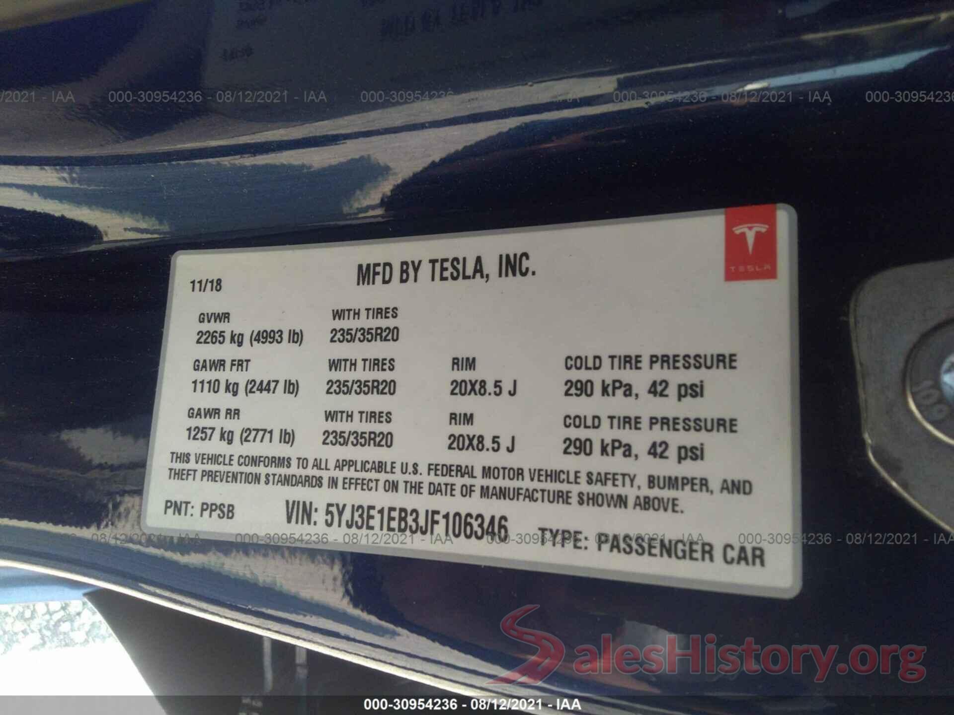 5YJ3E1EB3JF106346 2018 TESLA MODEL 3