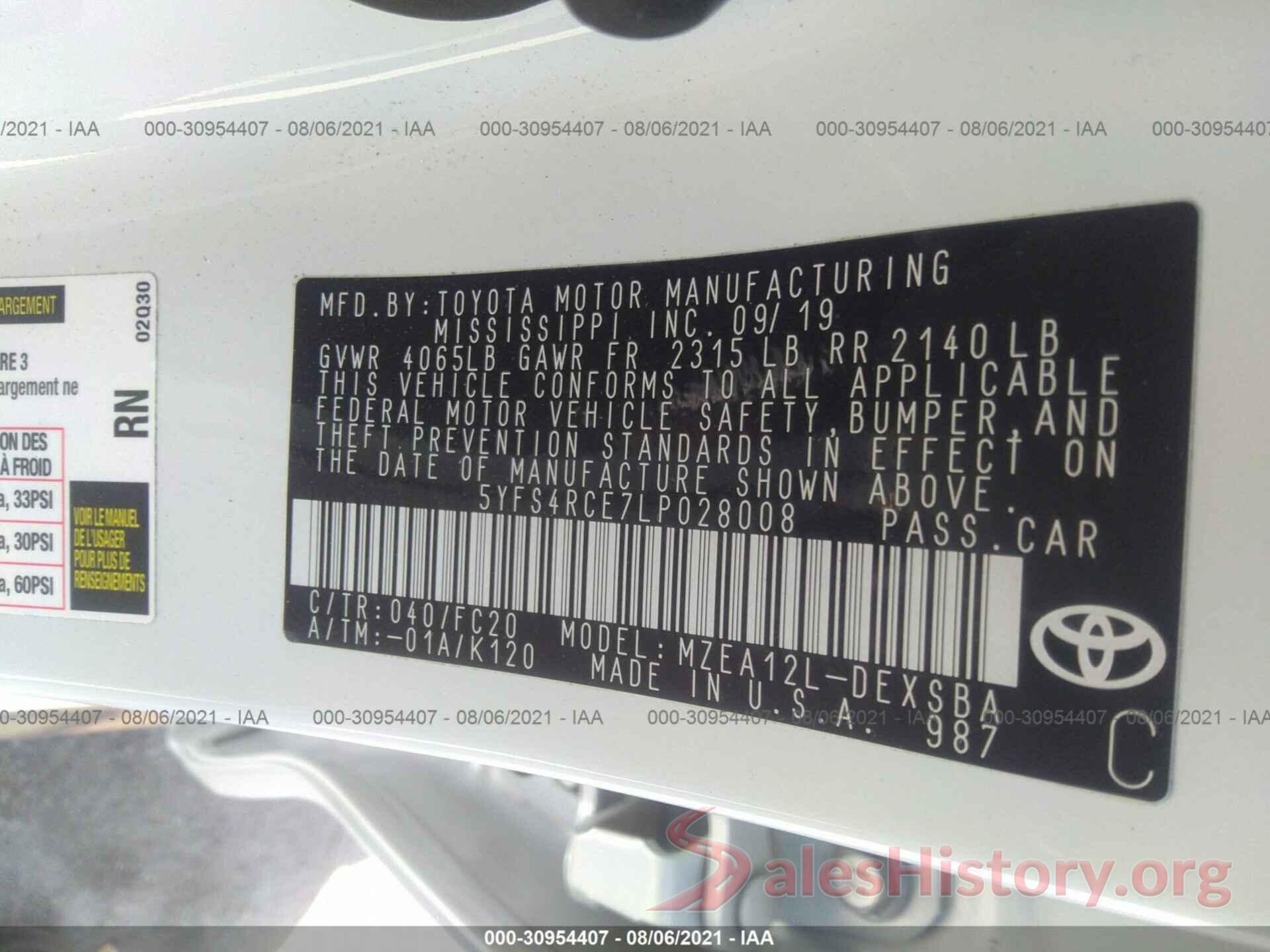 5YFS4RCE7LP028008 2020 TOYOTA COROLLA