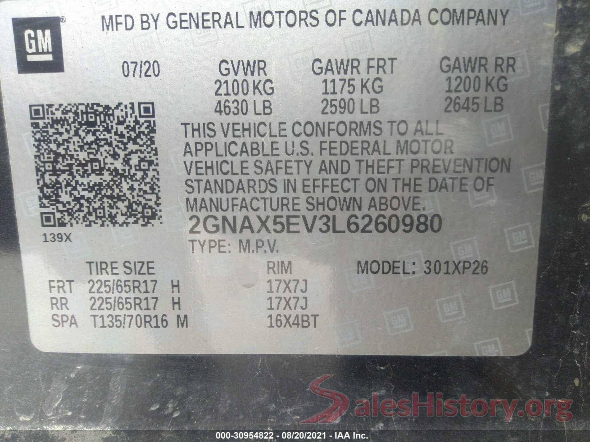 2GNAX5EV3L6260980 2020 CHEVROLET EQUINOX