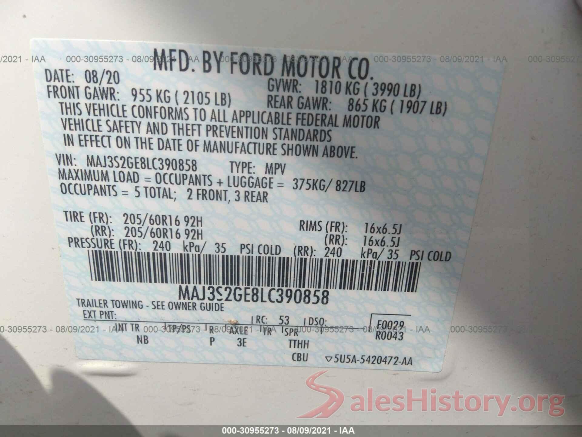 MAJ3S2GE8LC390858 2020 FORD ECOSPORT