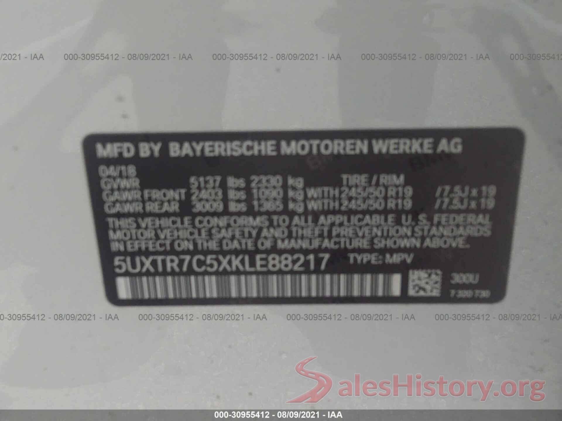 5UXTR7C5XKLE88217 2019 BMW X3