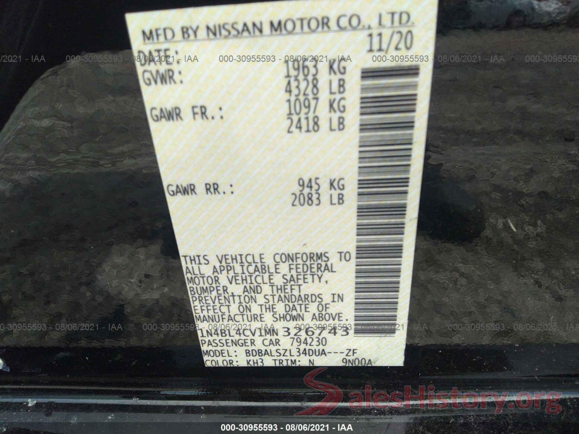 1N4BL4CV1MN326743 2021 NISSAN ALTIMA