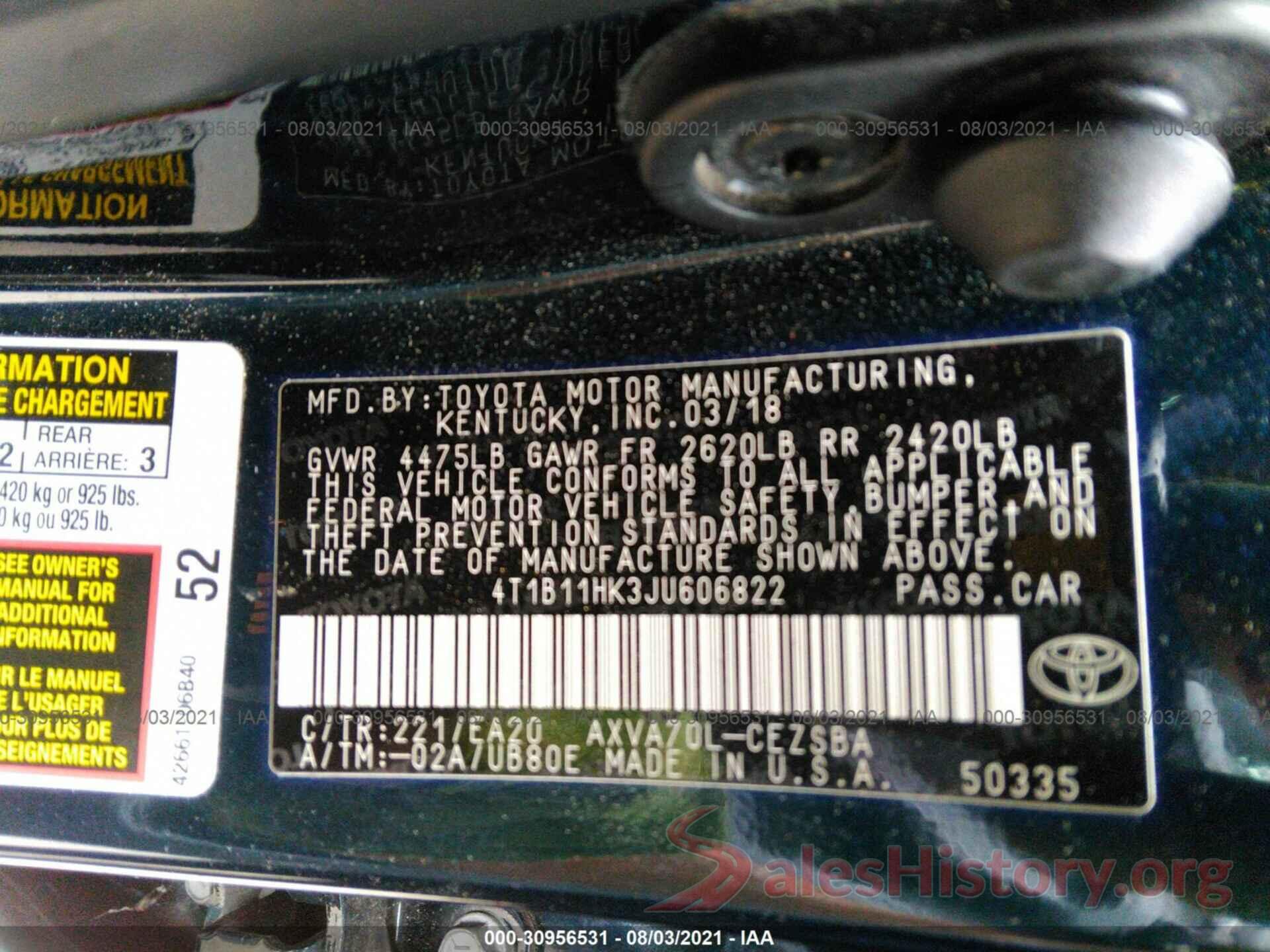 4T1B11HK3JU606822 2018 TOYOTA CAMRY