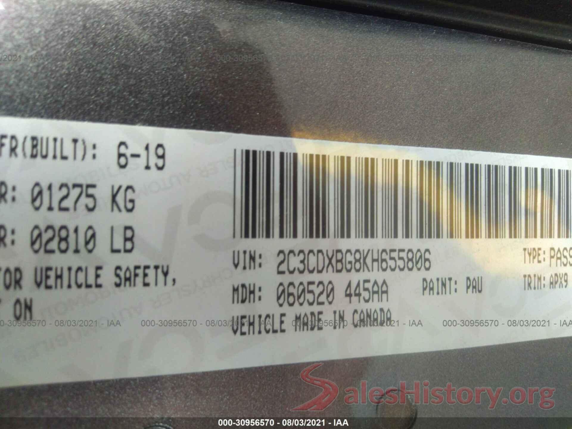 2C3CDXBG8KH655806 2019 DODGE CHARGER