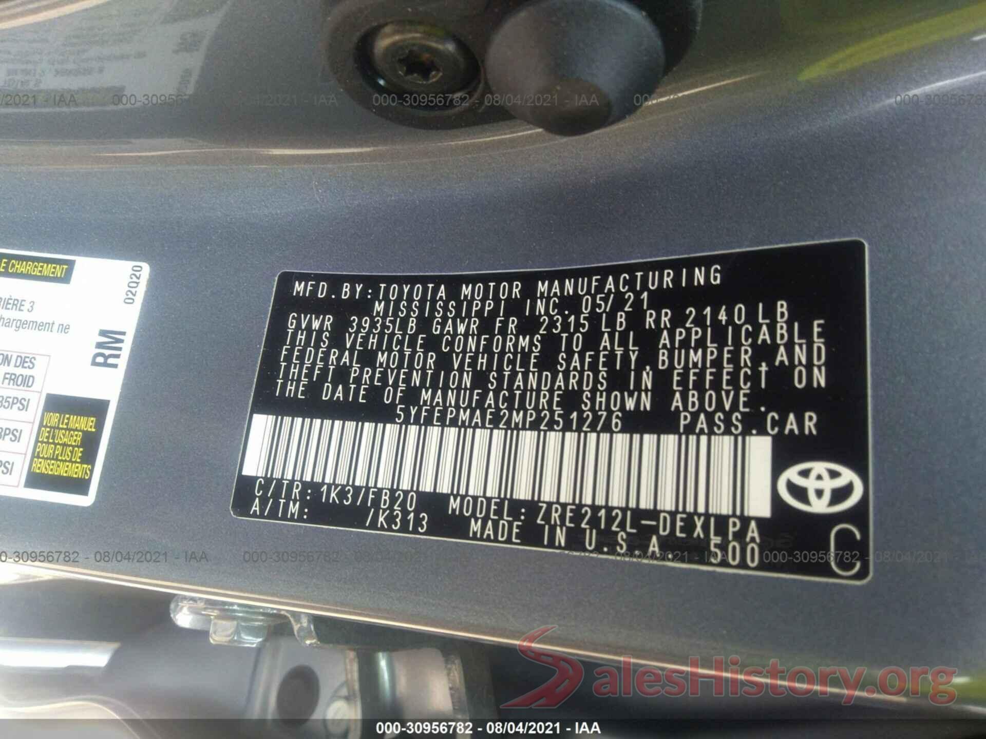 5YFEPMAE2MP251276 2021 TOYOTA COROLLA