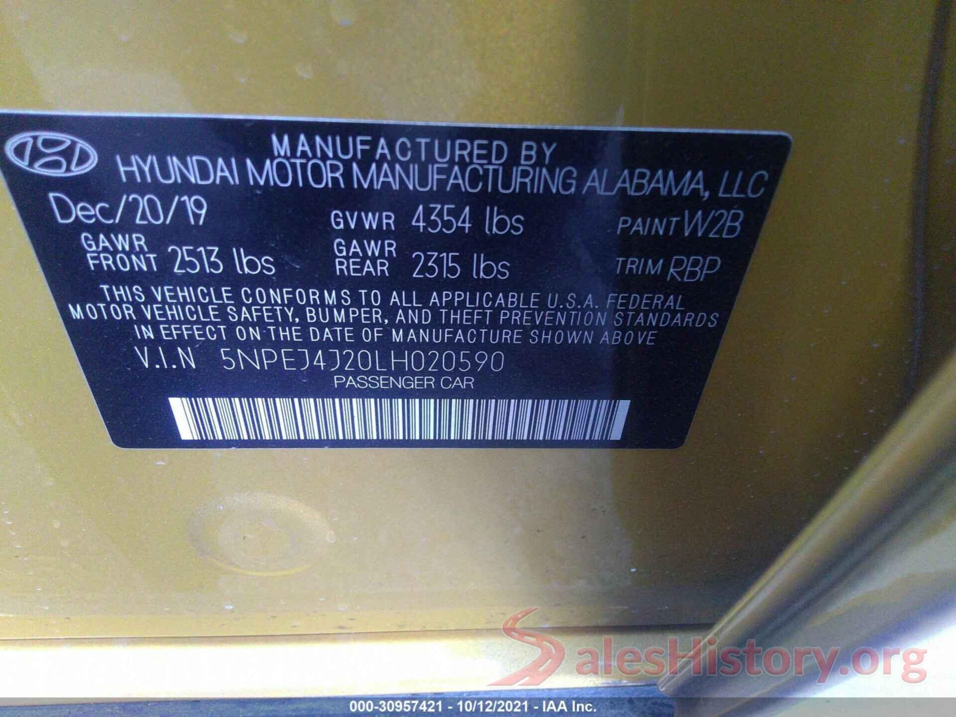 5NPEJ4J20LH020590 2020 HYUNDAI SONATA