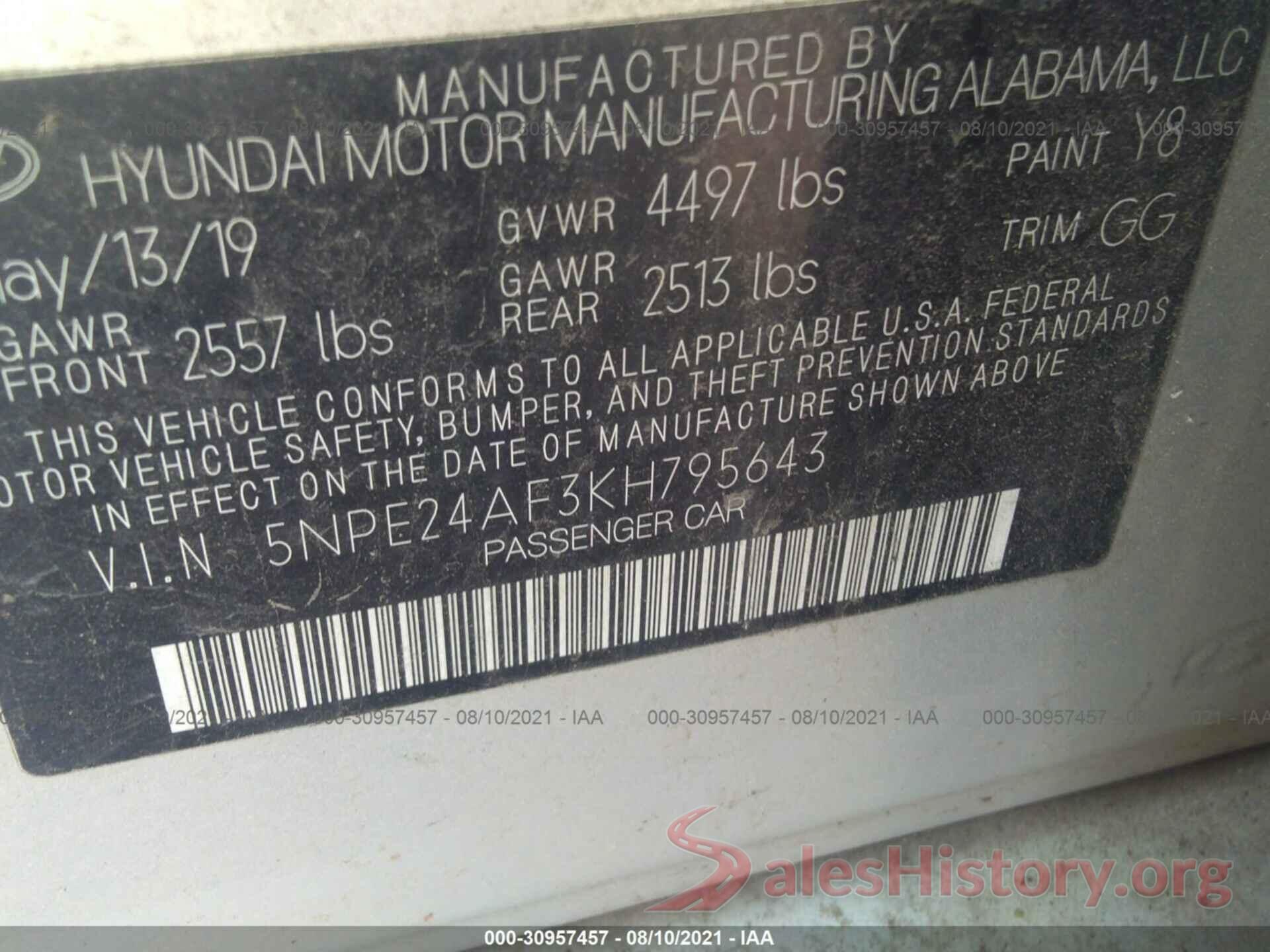 5NPE24AF3KH795643 2019 HYUNDAI SONATA