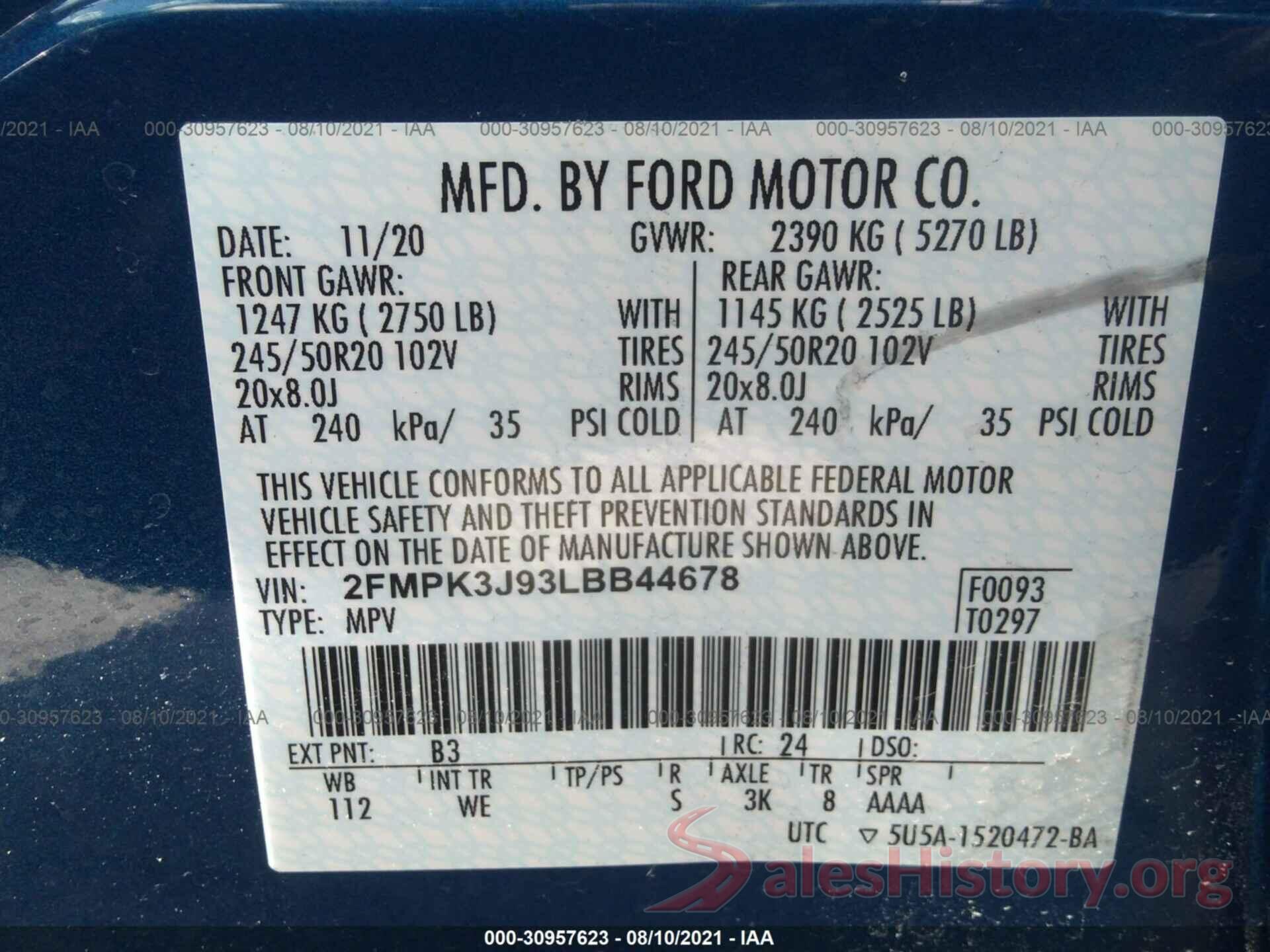 2FMPK3J93LBB44678 2020 FORD EDGE