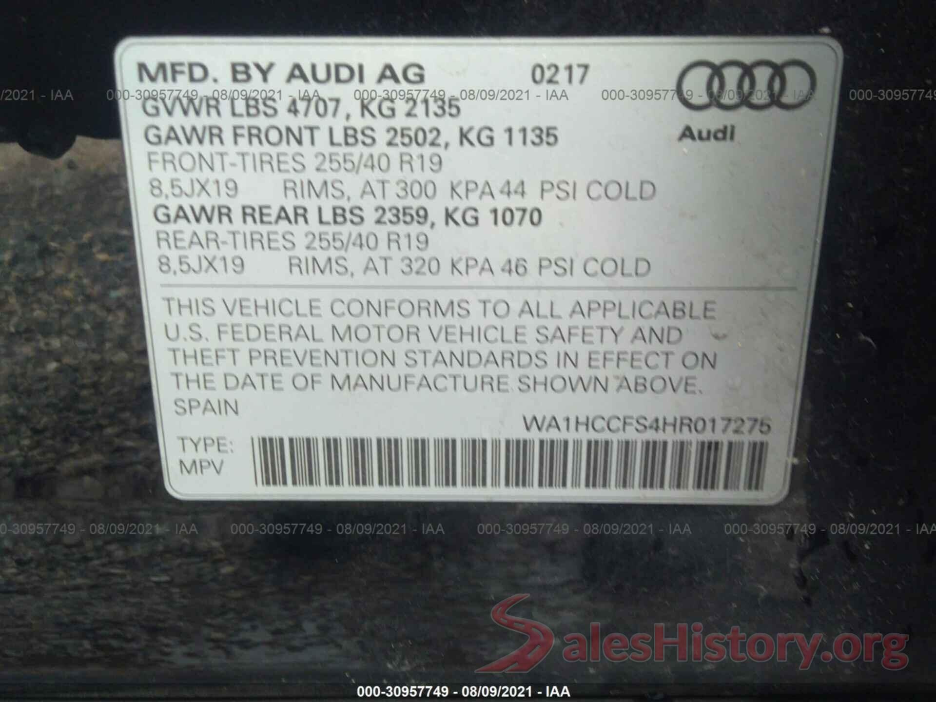 WA1HCCFS4HR017275 2017 AUDI Q3