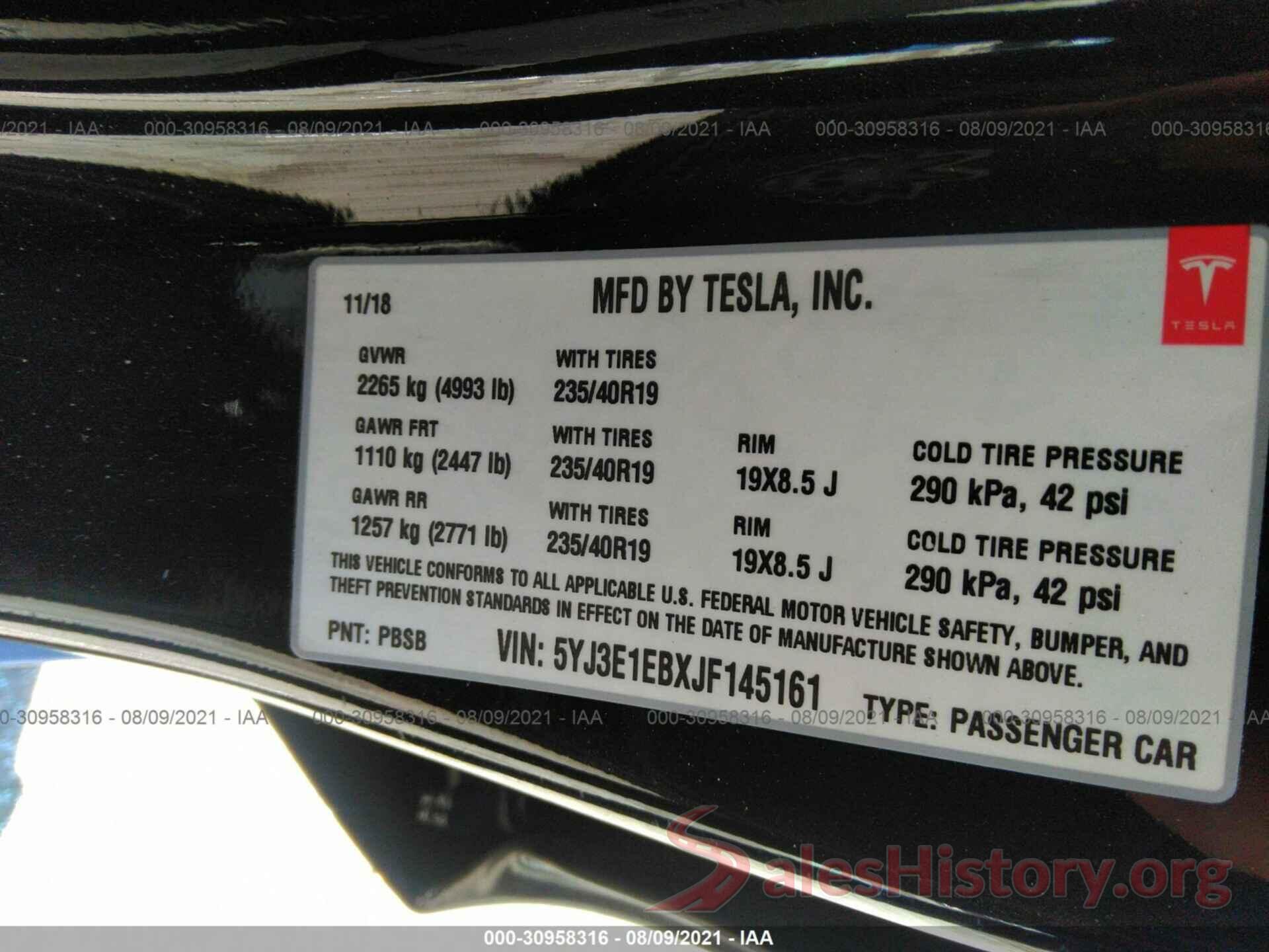 5YJ3E1EBXJF145161 2018 TESLA MODEL 3