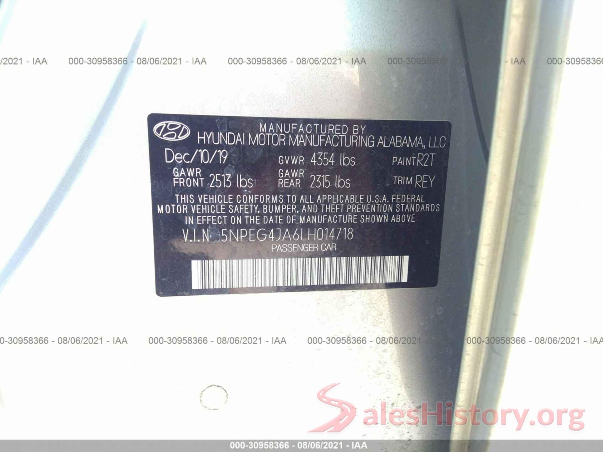 5NPEG4JA6LH014718 2020 HYUNDAI SONATA