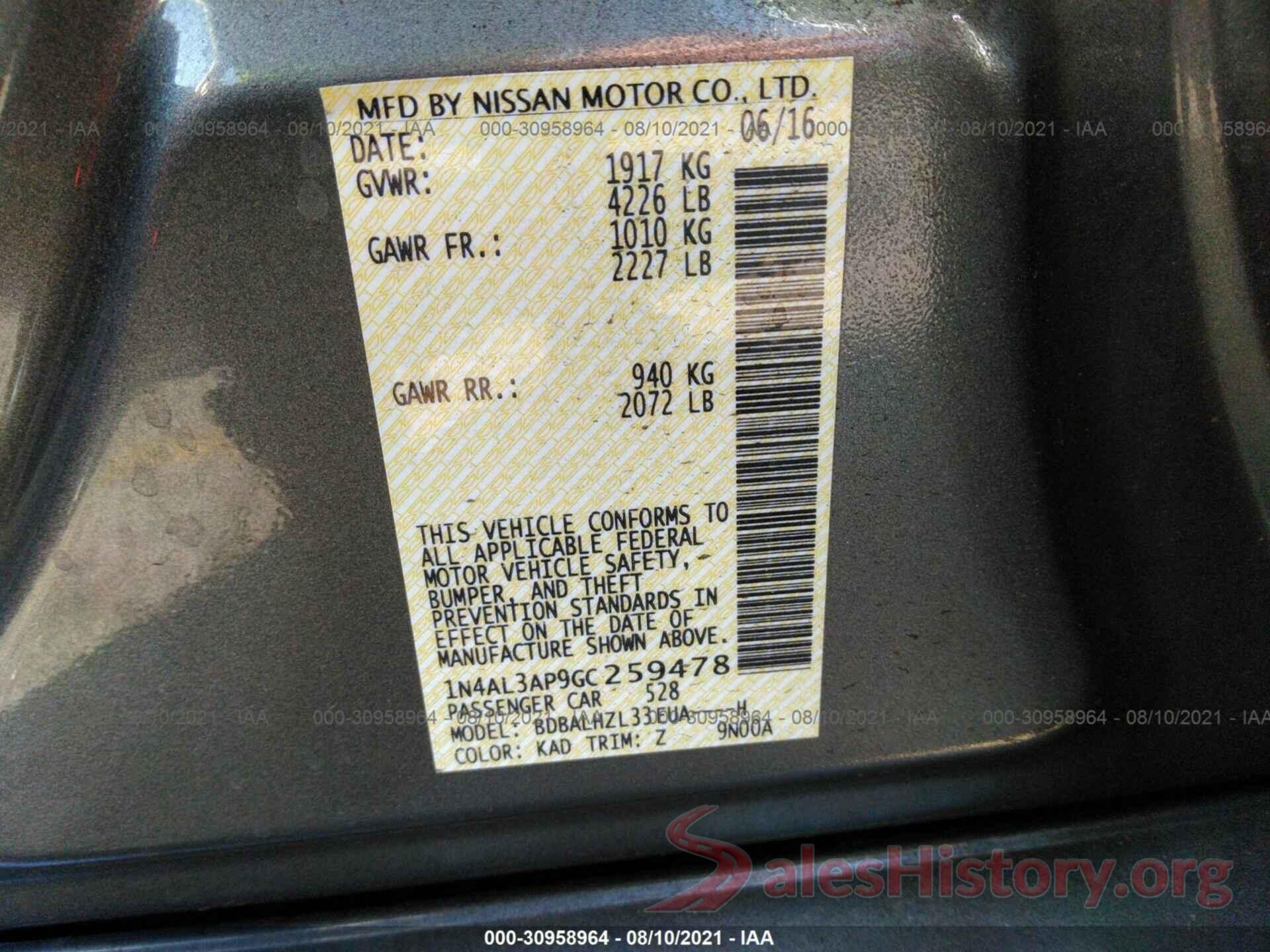 1N4AL3AP9GC259478 2016 NISSAN ALTIMA