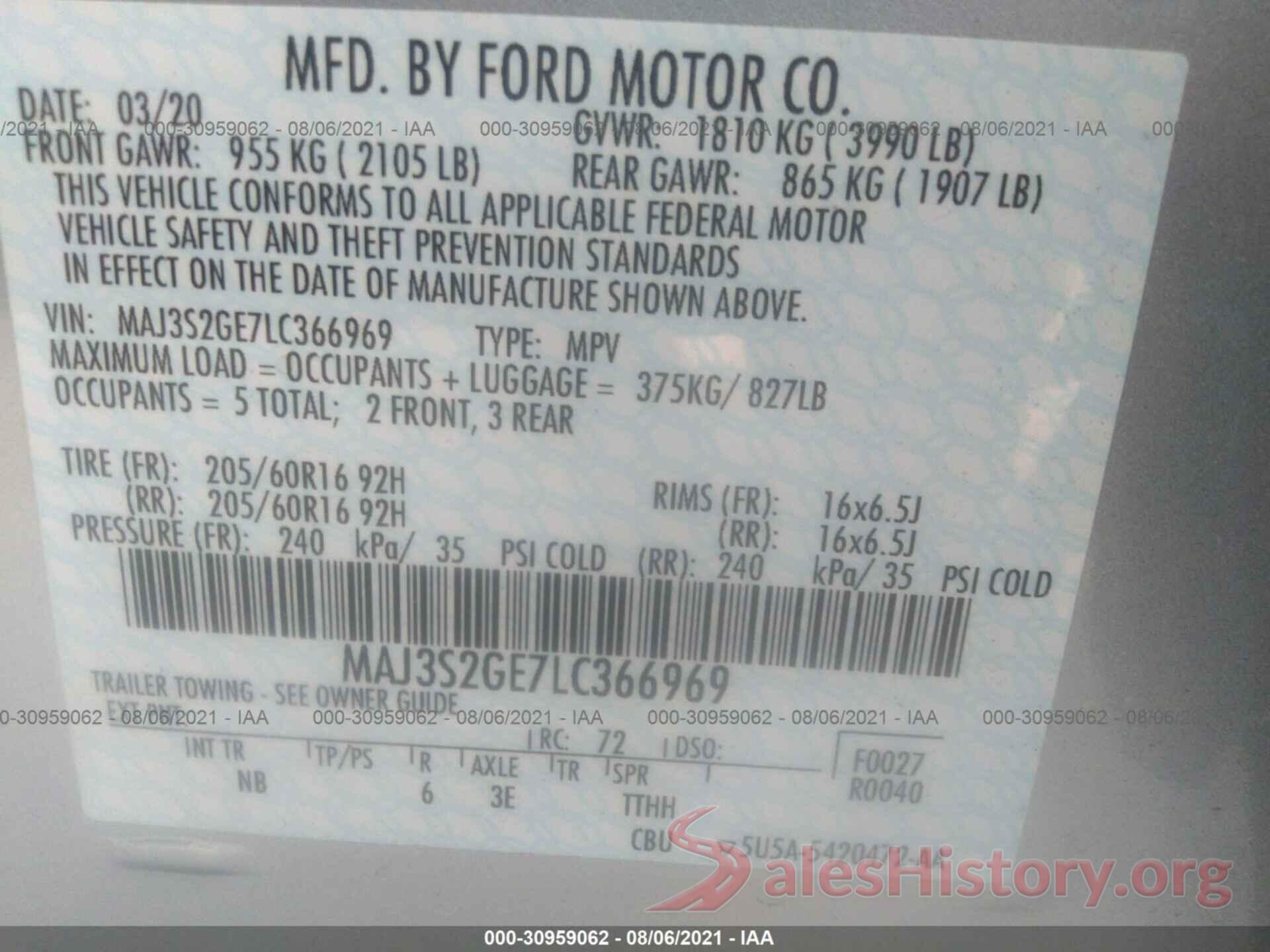 MAJ3S2GE7LC366969 2020 FORD ECOSPORT