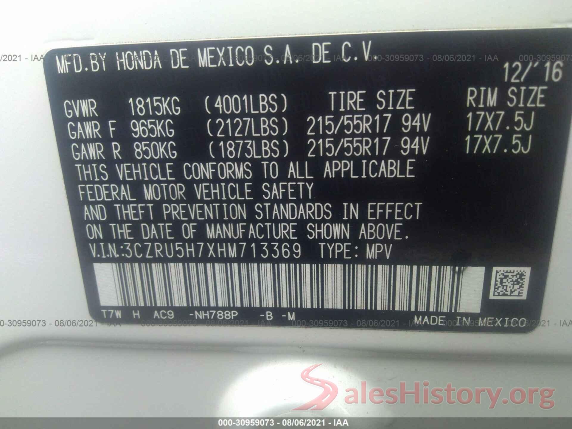 3CZRU5H7XHM713369 2017 HONDA HR-V