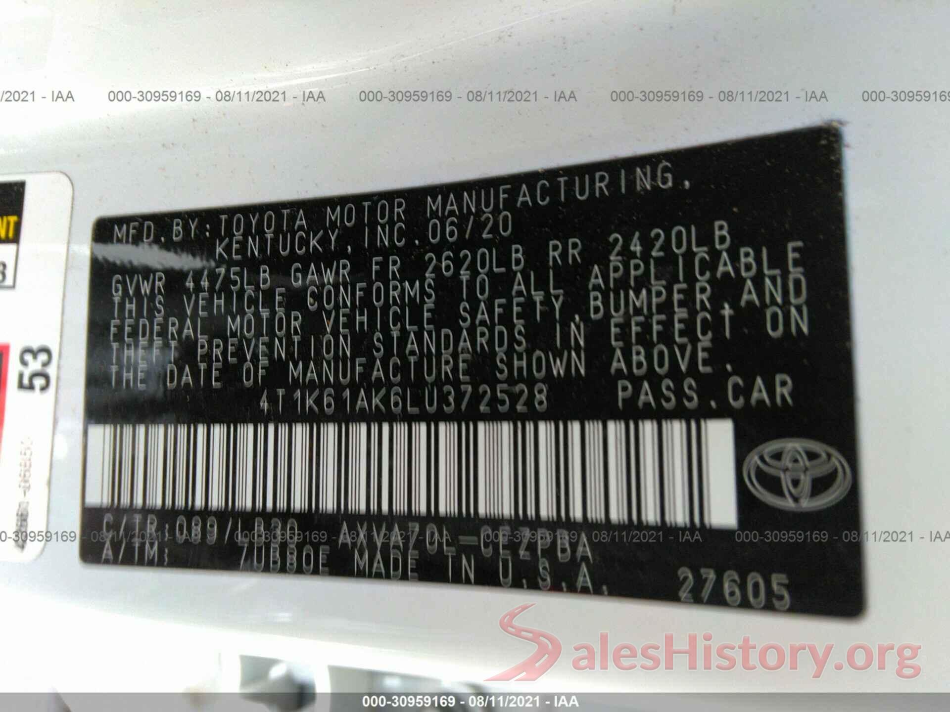 4T1K61AK6LU372528 2020 TOYOTA CAMRY