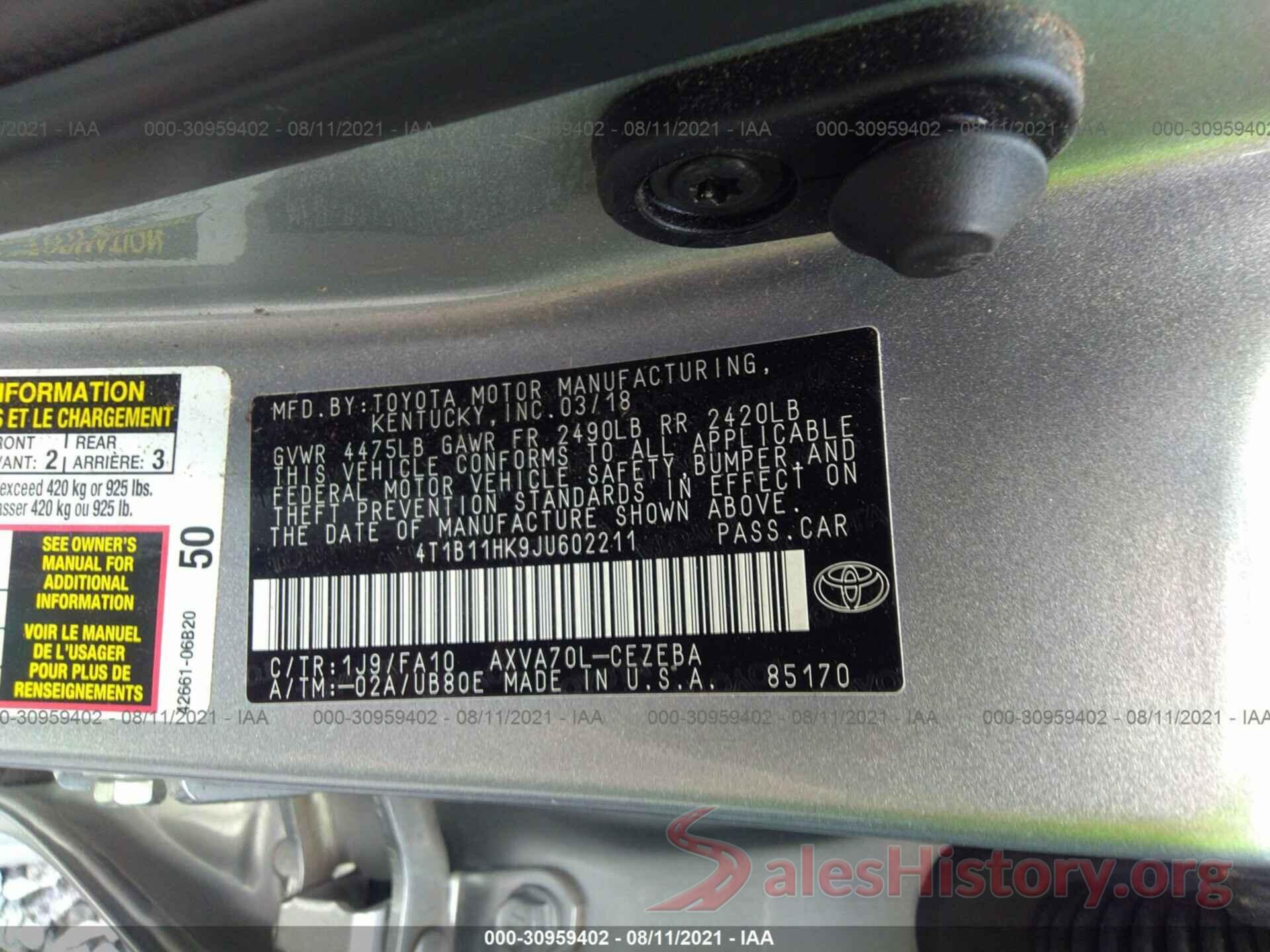 4T1B11HK9JU602211 2018 TOYOTA CAMRY