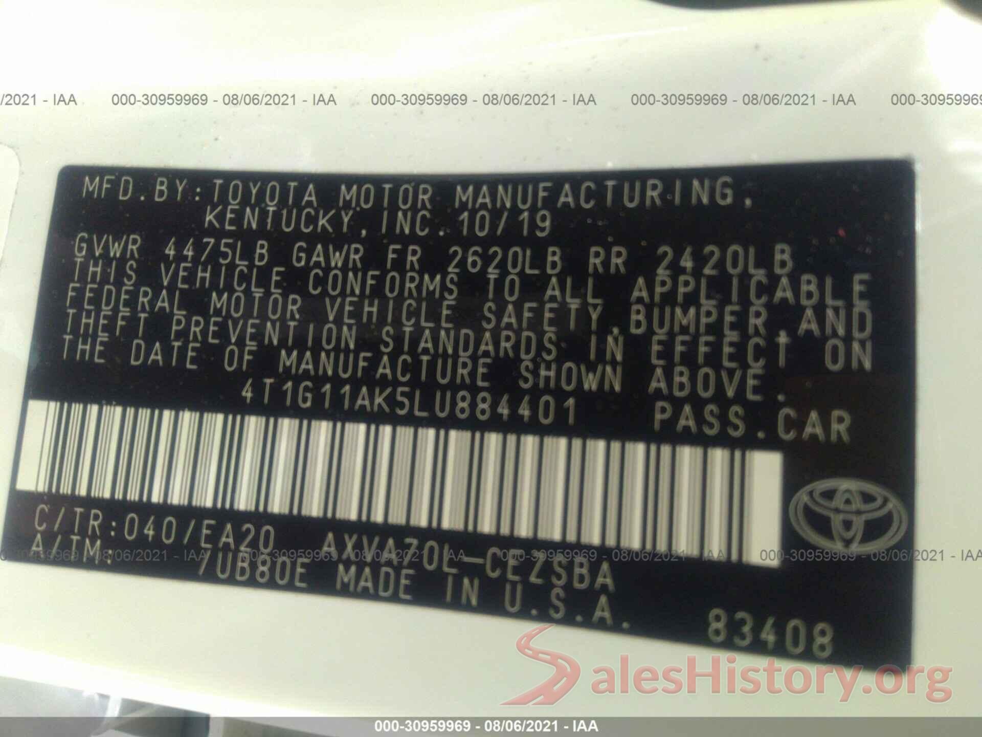 4T1G11AK5LU884401 2020 TOYOTA CAMRY