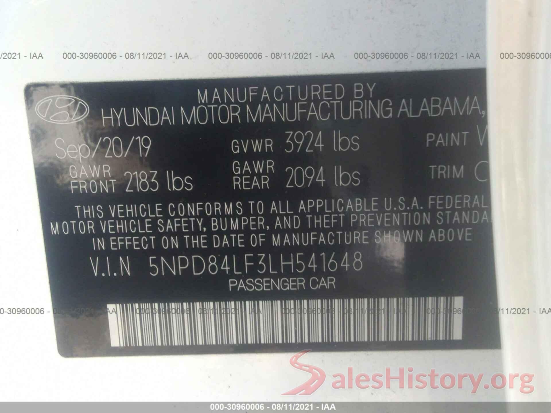 5NPD84LF3LH541648 2020 HYUNDAI ELANTRA