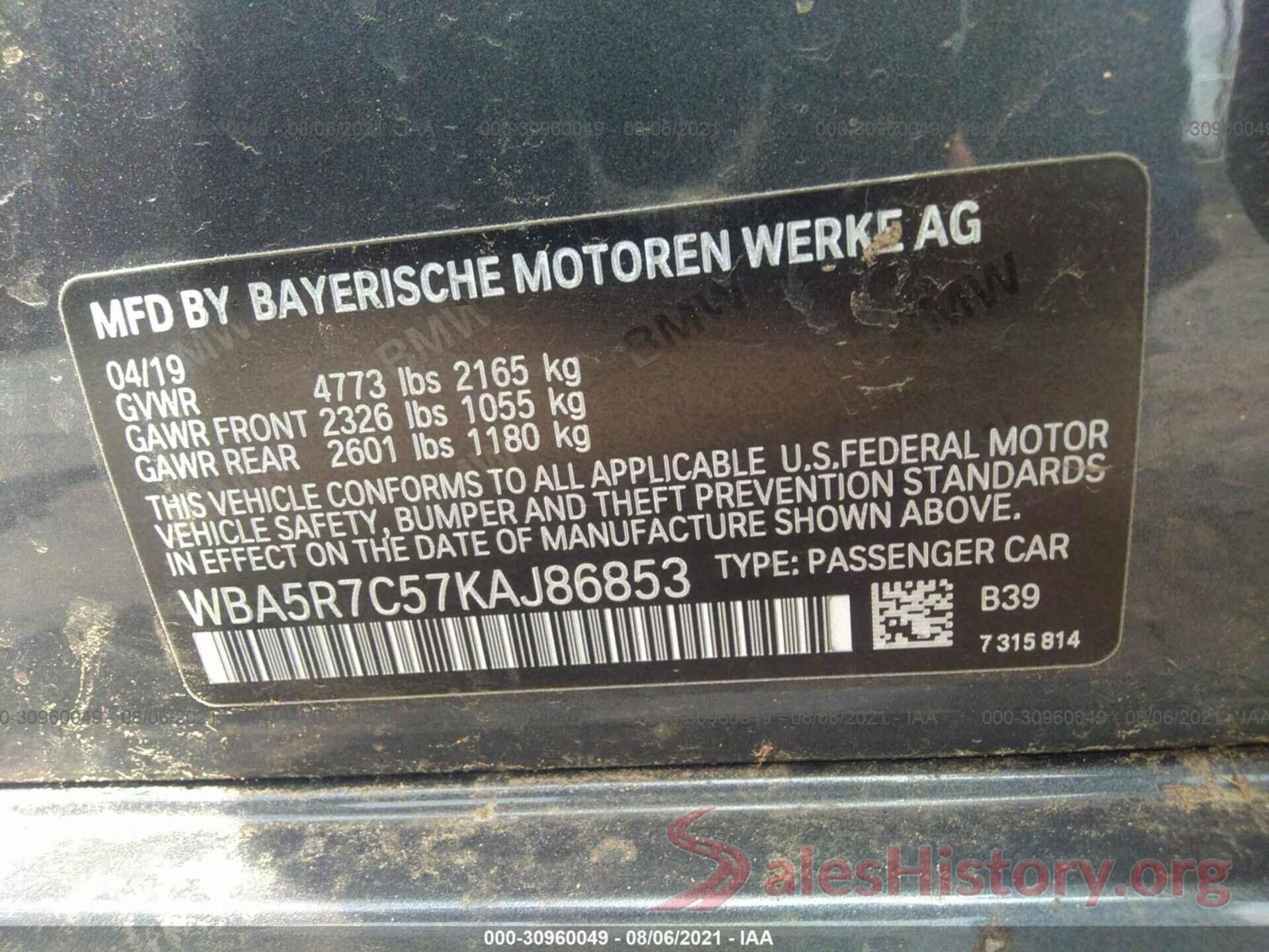 WBA5R7C57KAJ86853 2019 BMW 3 SERIES