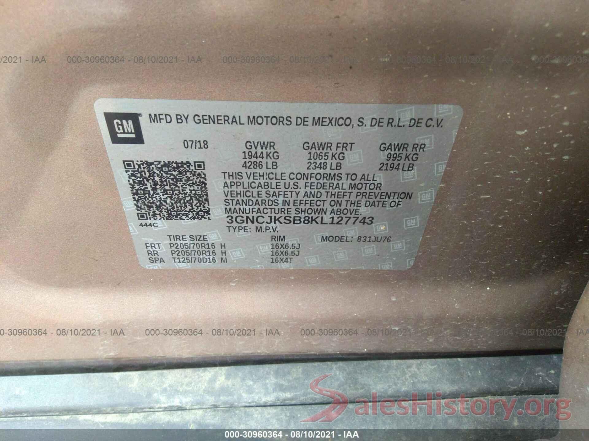 3GNCJKSB8KL127743 2019 CHEVROLET TRAX