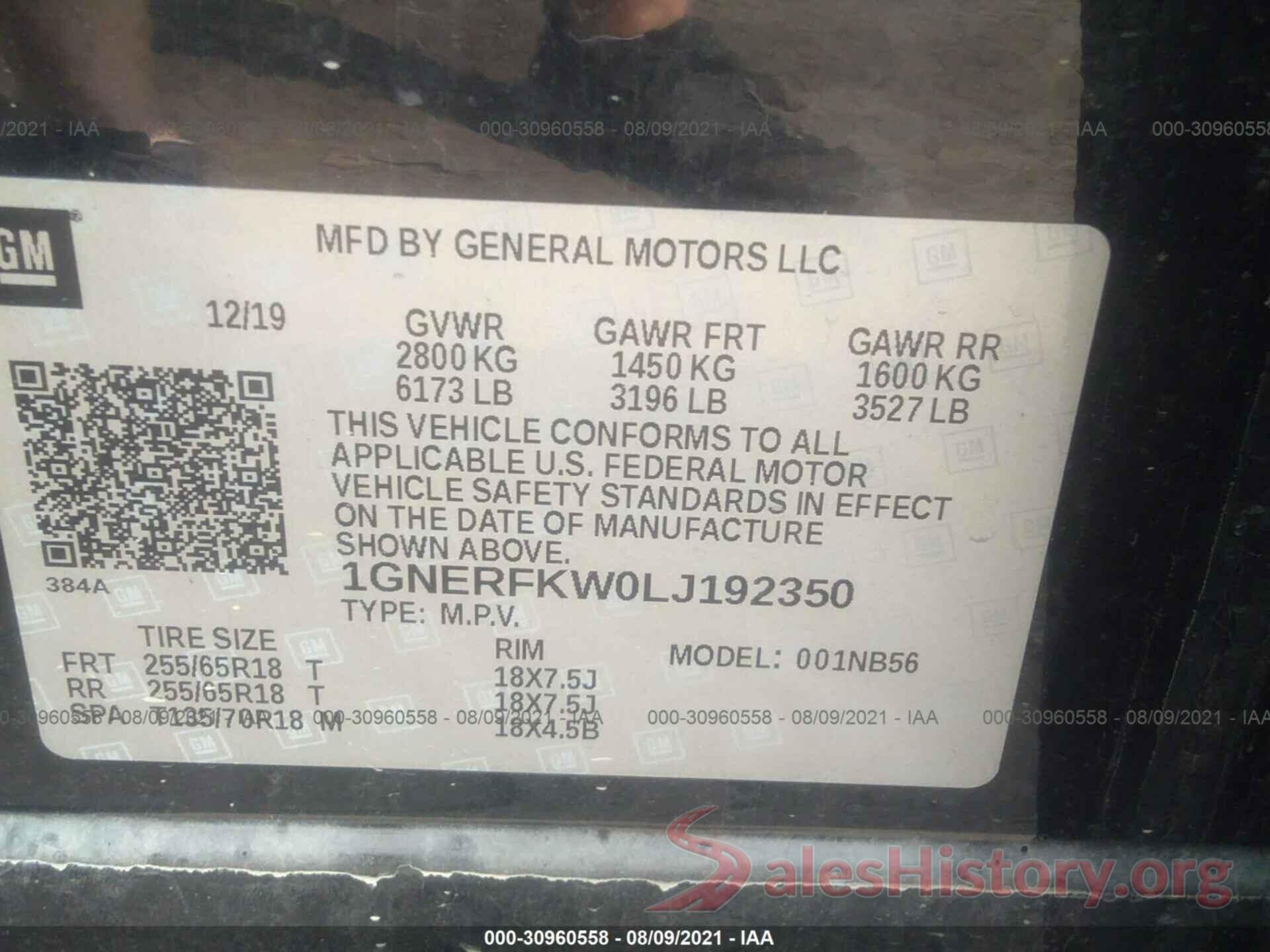 1GNERFKW0LJ192350 2020 CHEVROLET TRAVERSE