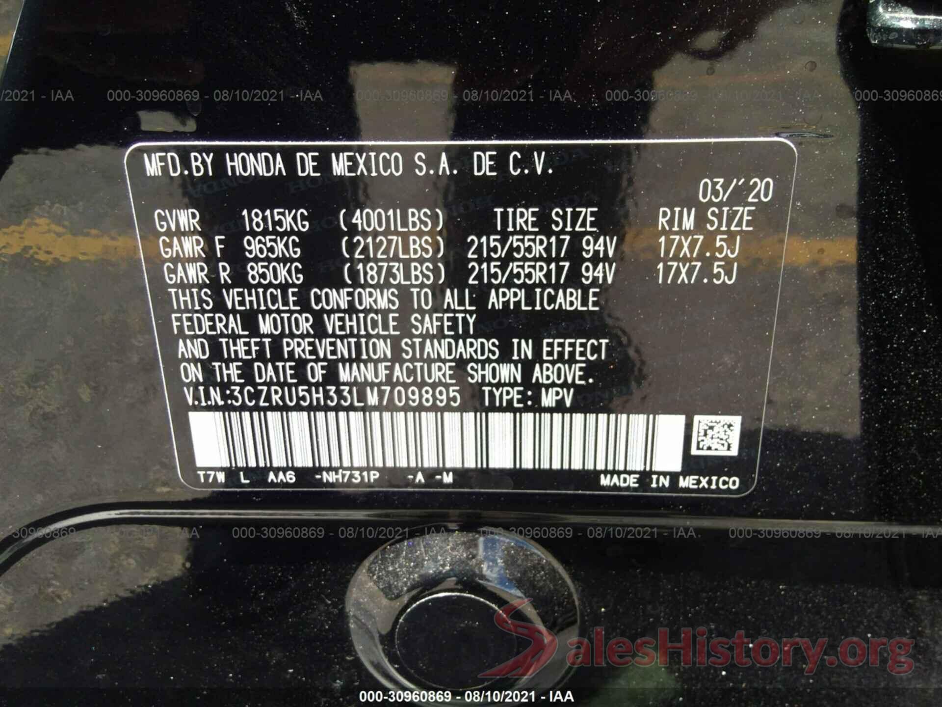 3CZRU5H33LM709895 2020 HONDA HR-V