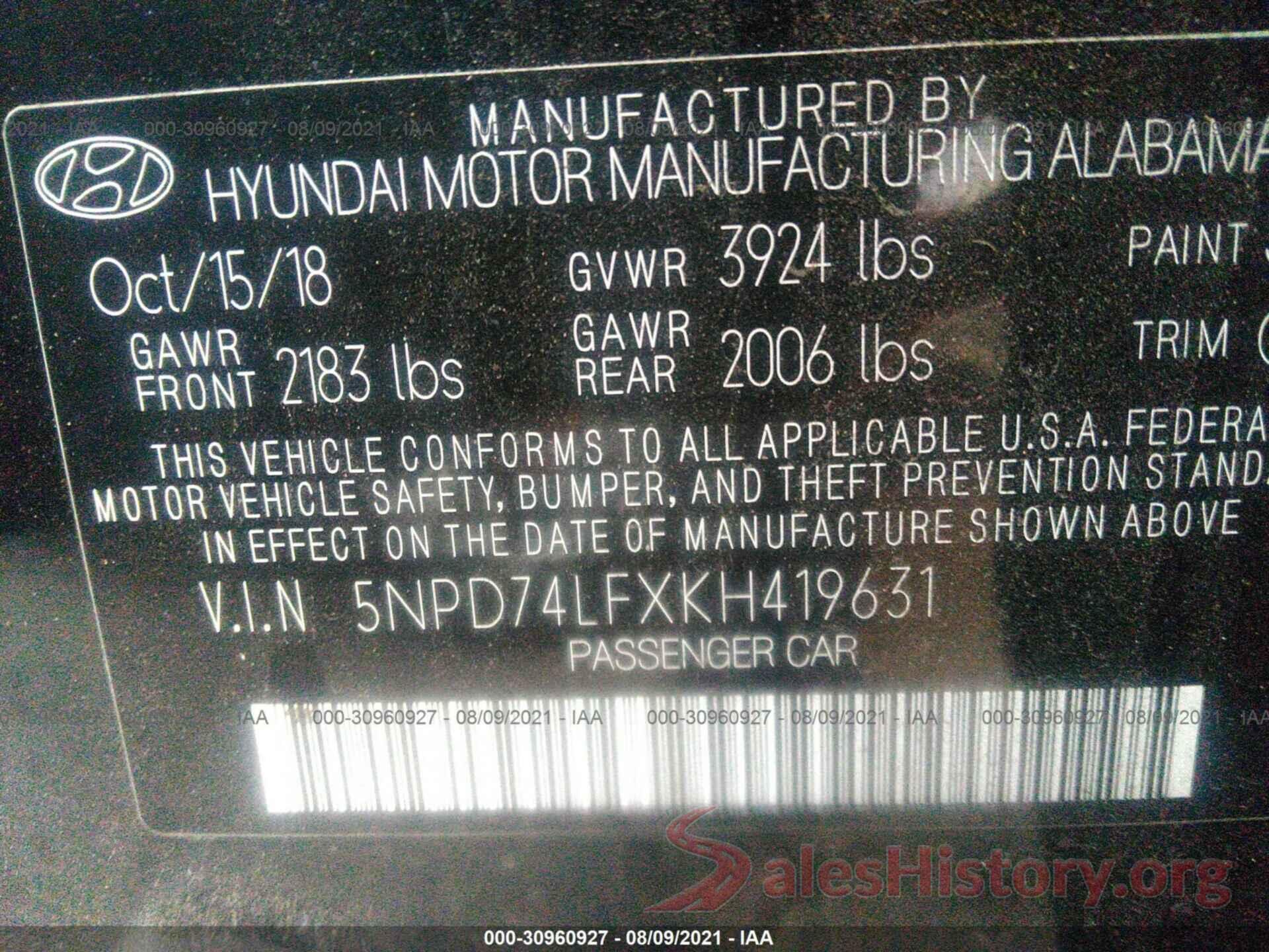 5NPD74LFXKH419631 2019 HYUNDAI ELANTRA