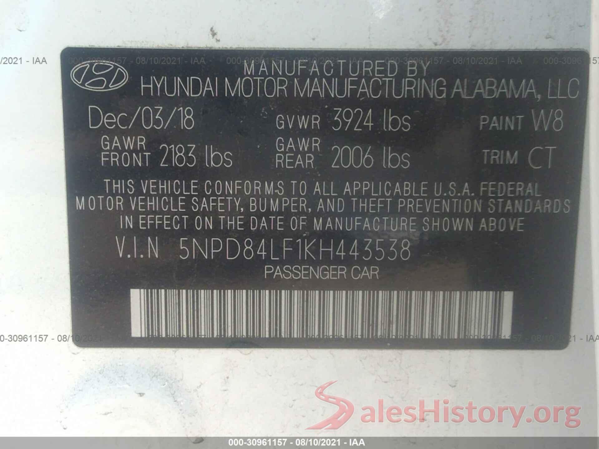 5NPD84LF1KH443538 2019 HYUNDAI ELANTRA