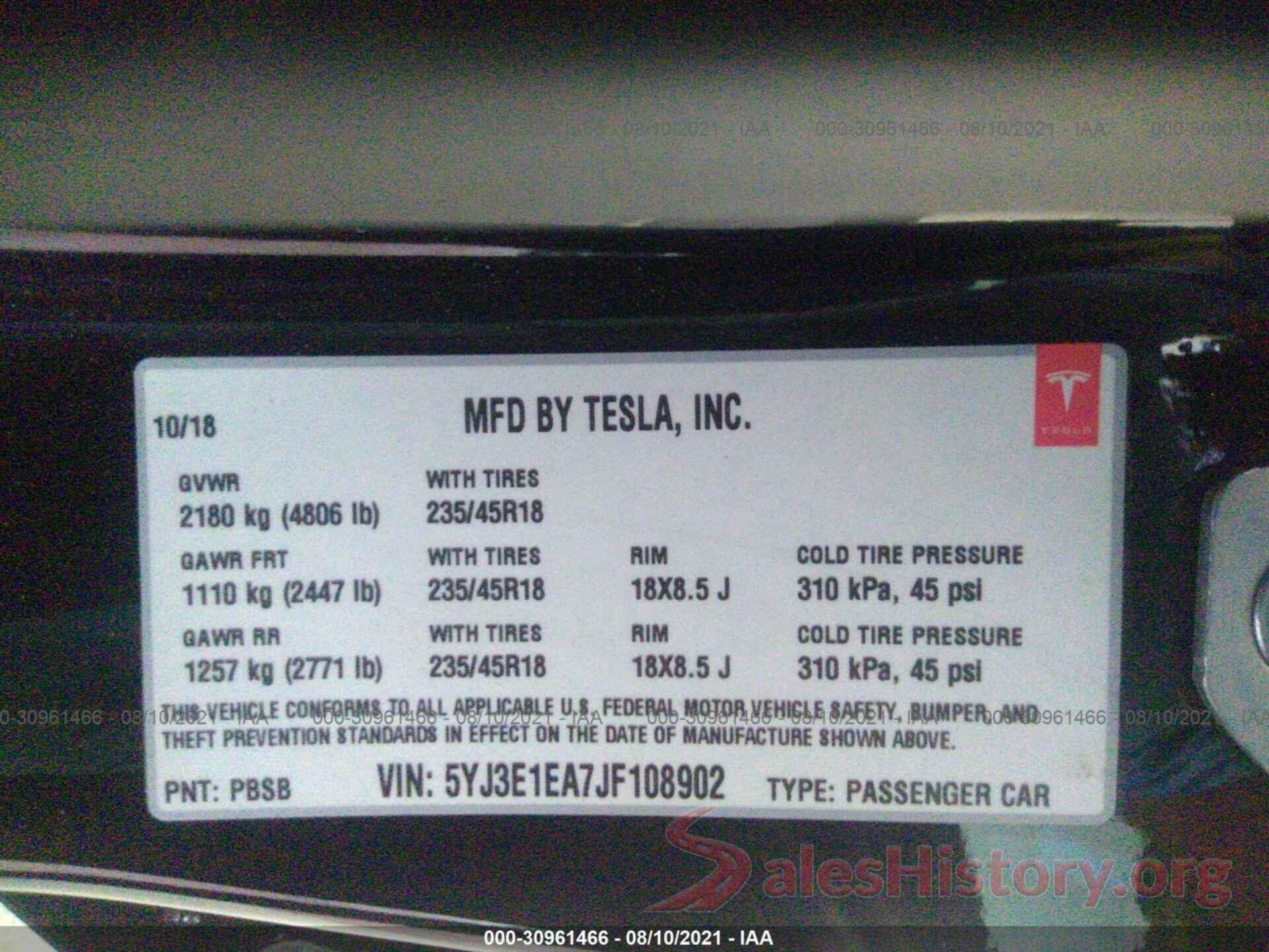 5YJ3E1EA7JF108902 2018 TESLA MODEL 3