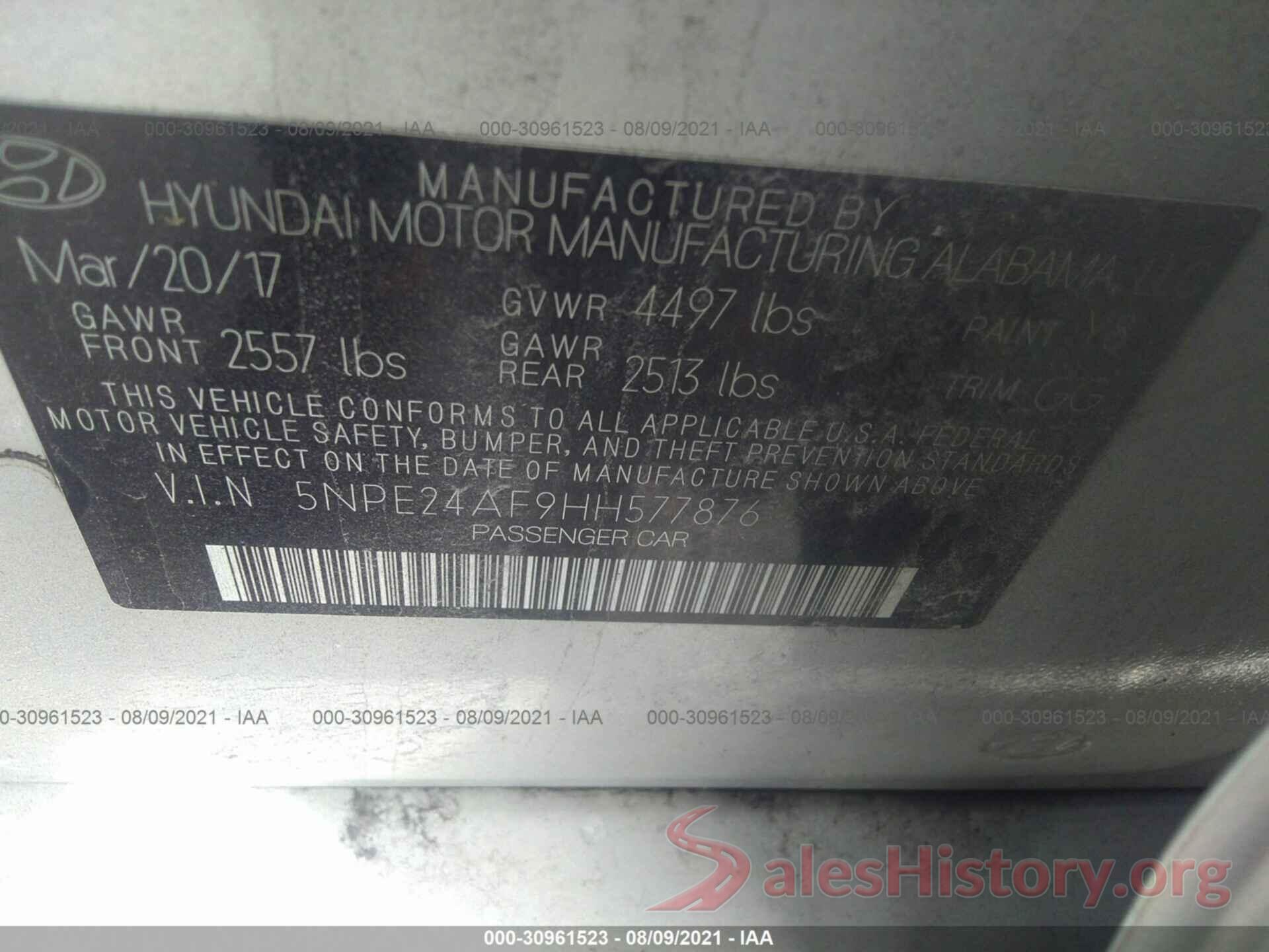 5NPE24AF9HH577876 2017 HYUNDAI SONATA