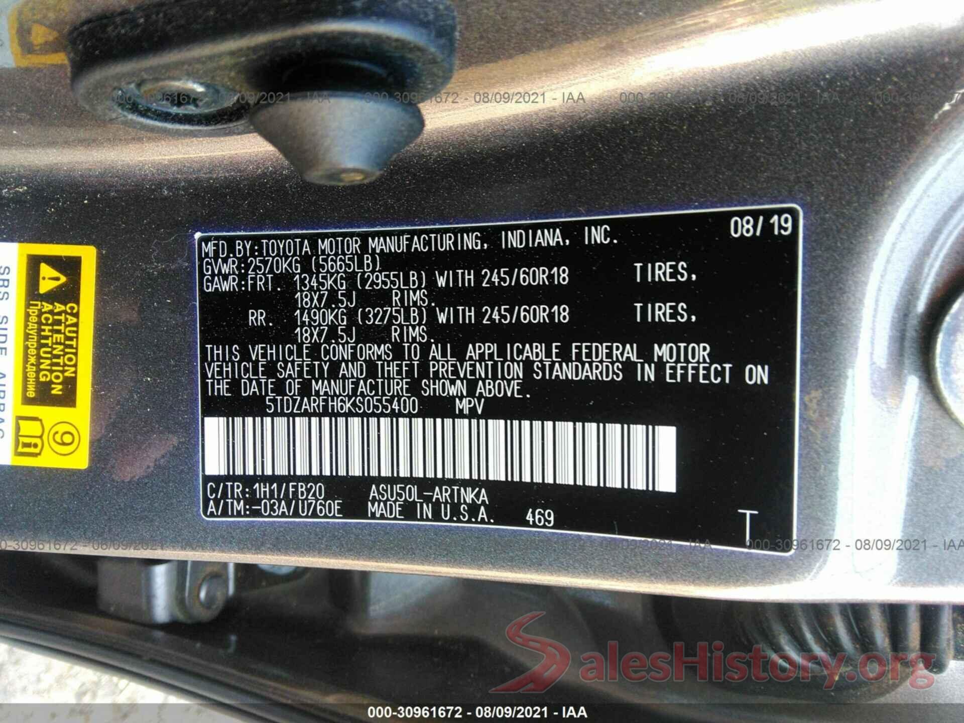 5TDZARFH6KS055400 2019 TOYOTA HIGHLANDER