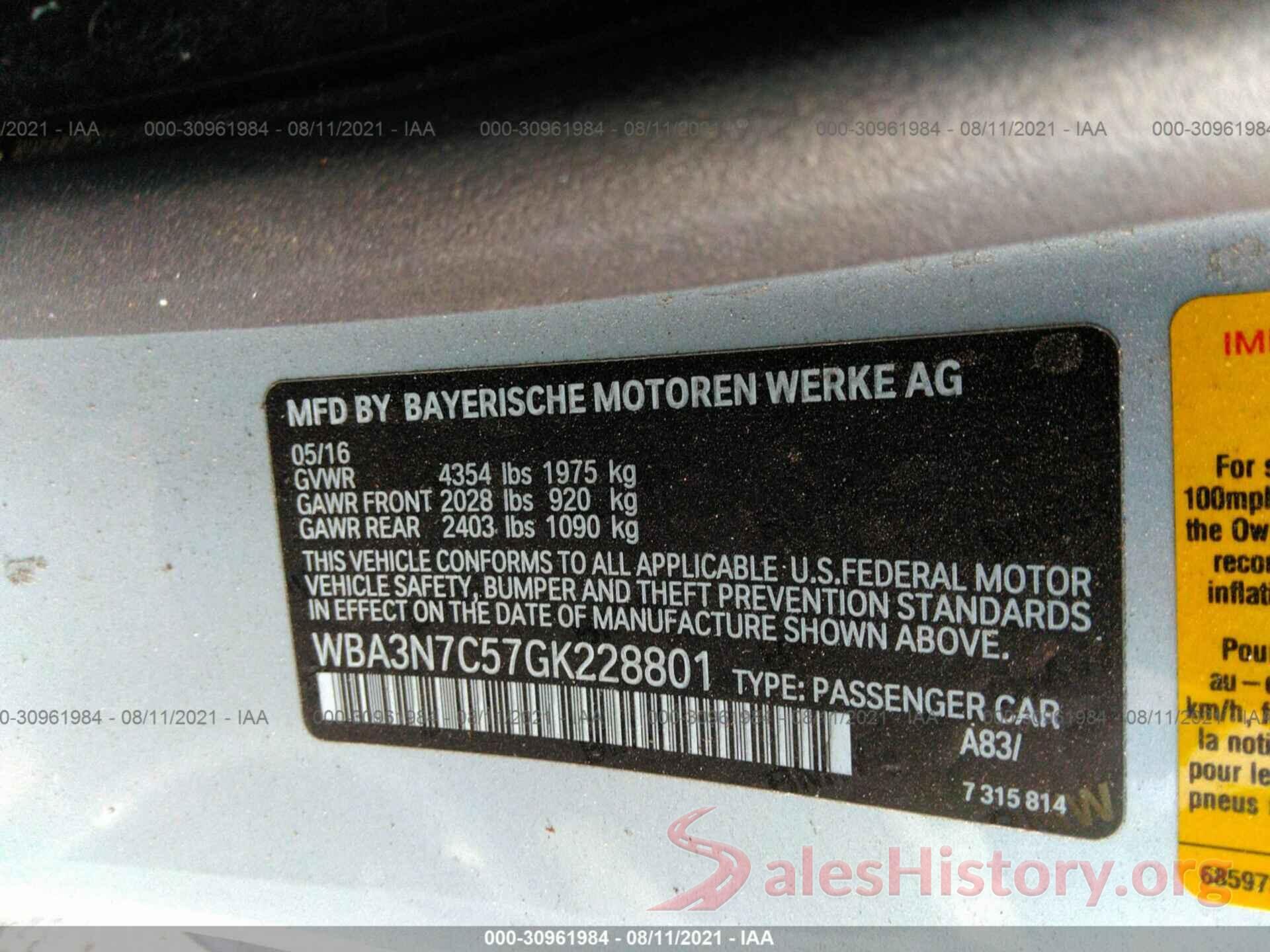 WBA3N7C57GK228801 2016 BMW 4 SERIES