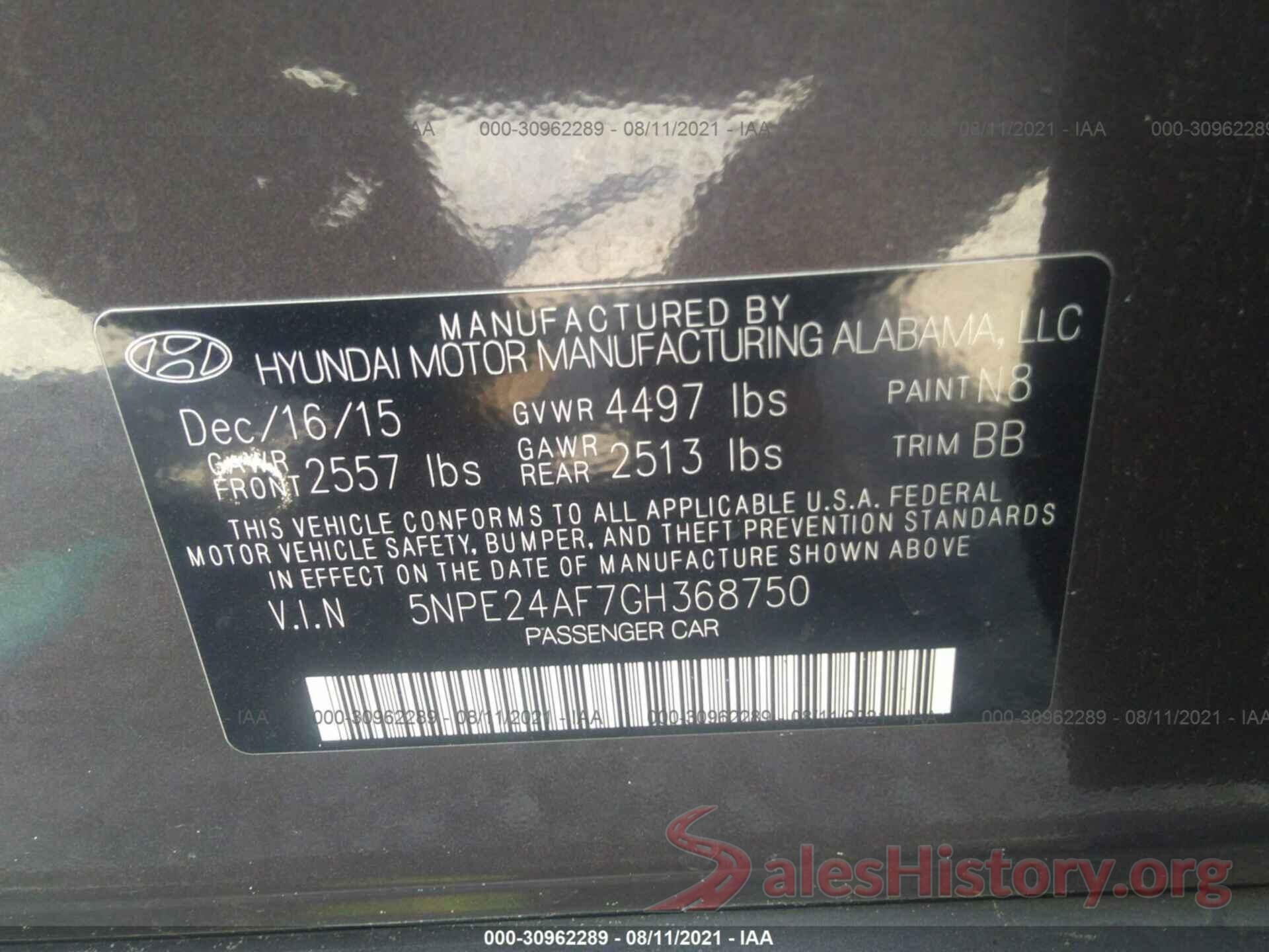 5NPE24AF7GH368750 2016 HYUNDAI SONATA