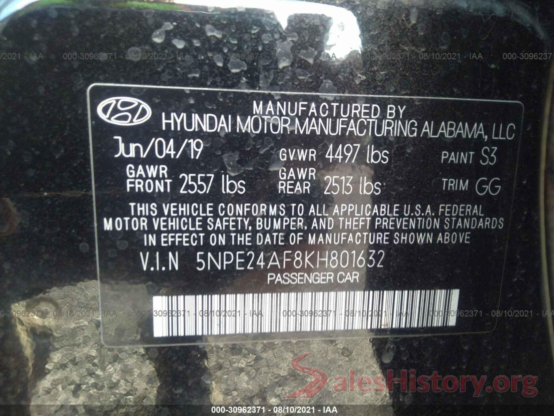 5NPE24AF8KH801632 2019 HYUNDAI SONATA