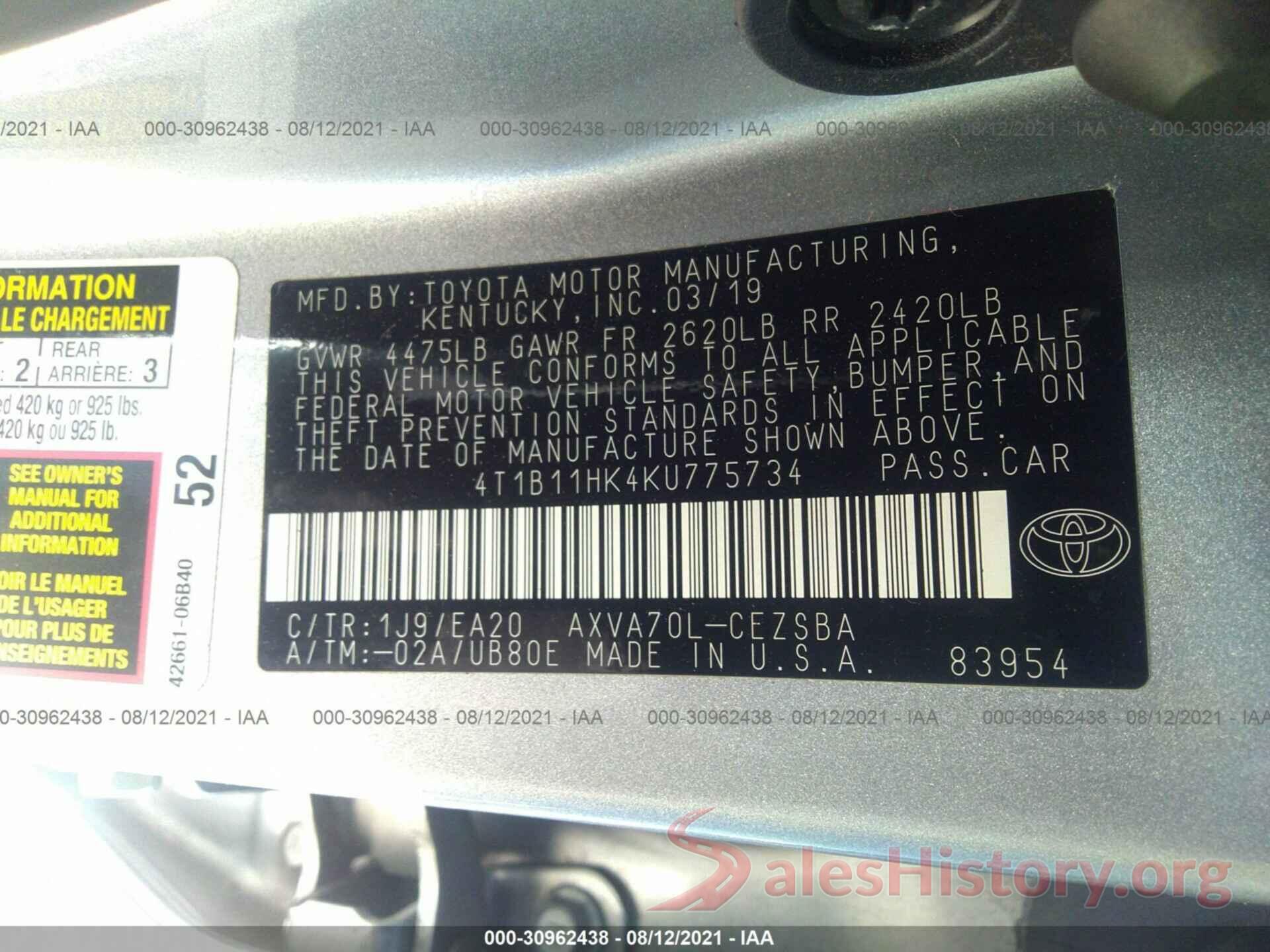 4T1B11HK4KU775734 2019 TOYOTA CAMRY