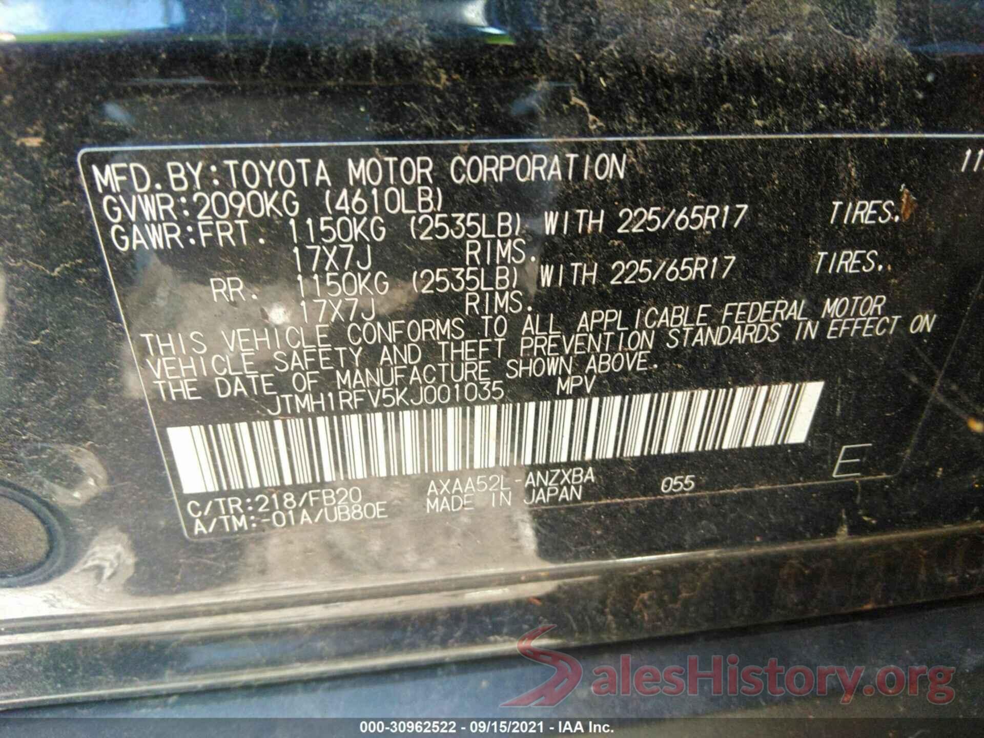 JTMH1RFV5KJ001035 2019 TOYOTA RAV4