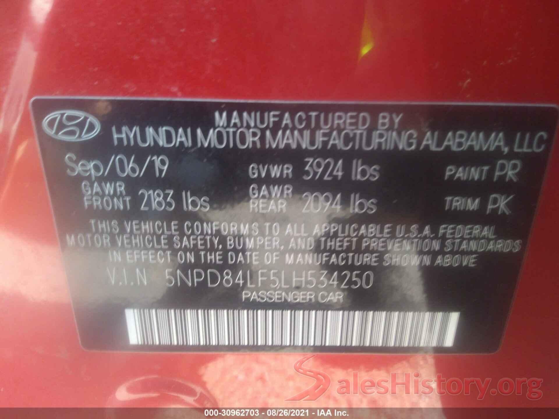 5NPD84LF5LH534250 2020 HYUNDAI ELANTRA