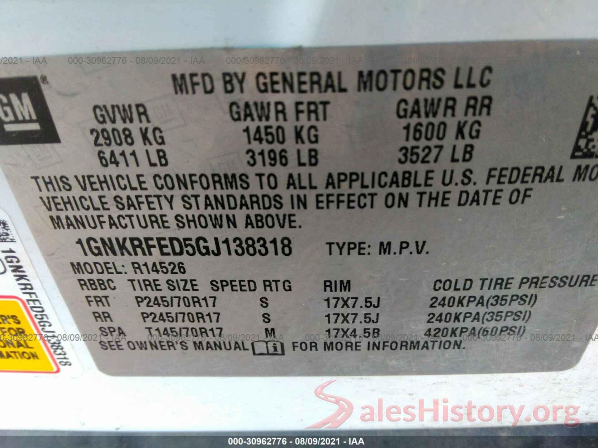 1GNKRFED5GJ138318 2016 CHEVROLET TRAVERSE