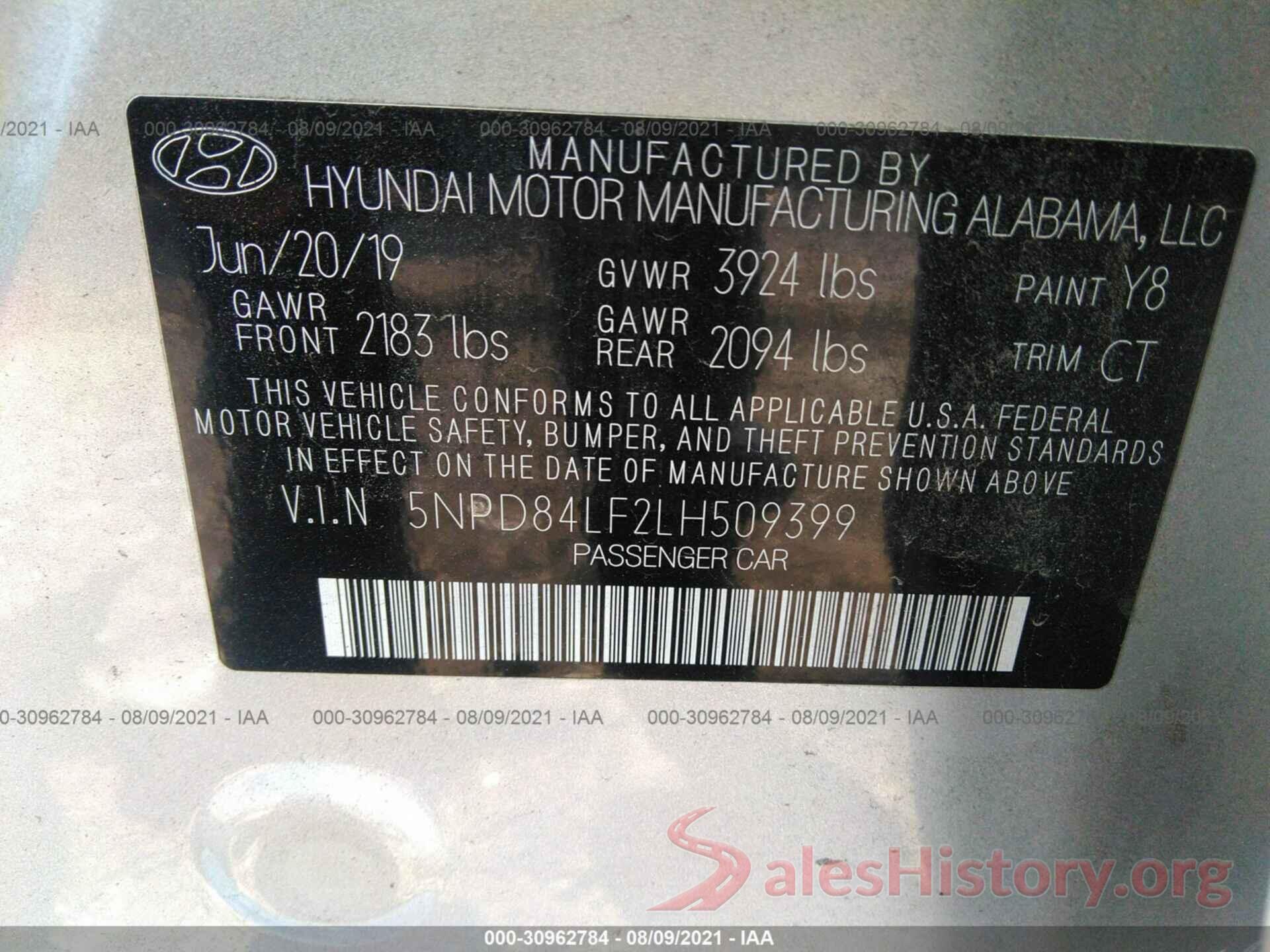 5NPD84LF2LH509399 2020 HYUNDAI ELANTRA