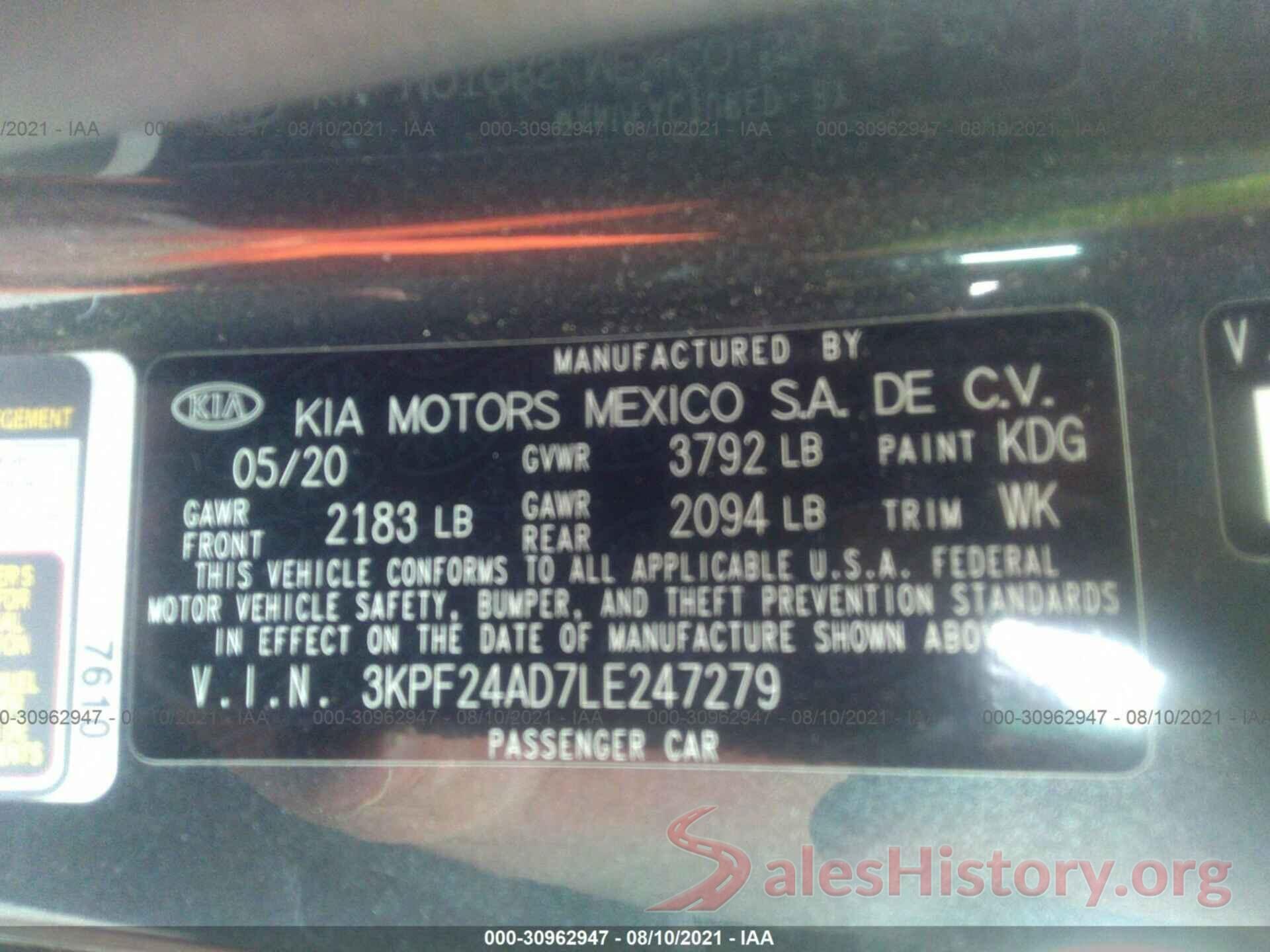 3KPF24AD7LE247279 2020 KIA FORTE