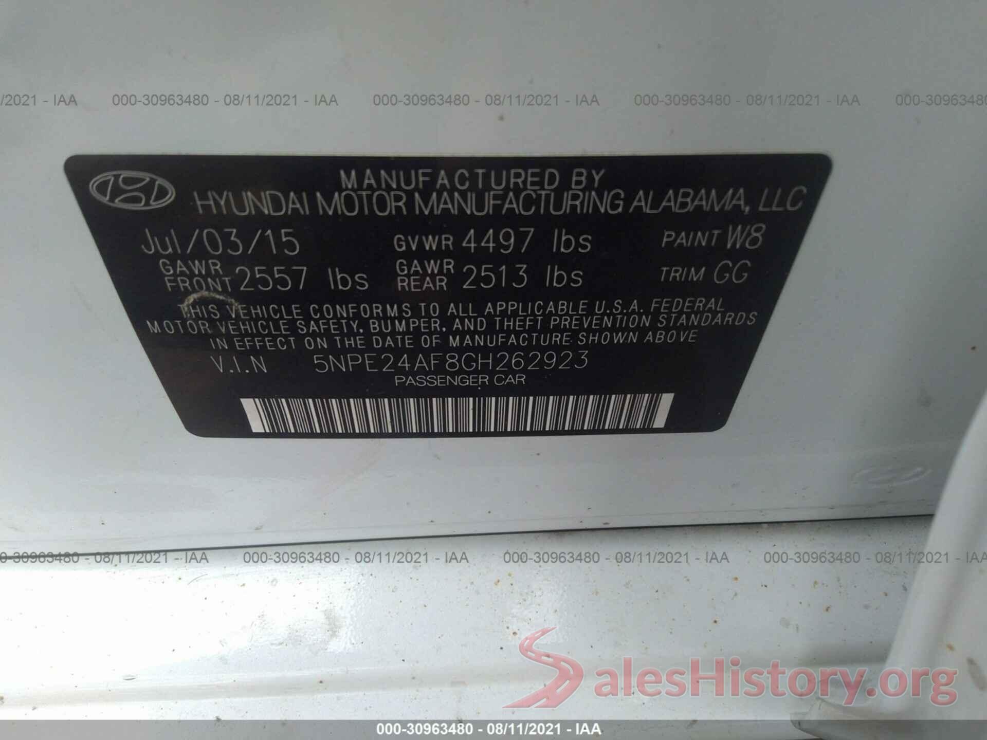 5NPE24AF8GH262923 2016 HYUNDAI SONATA