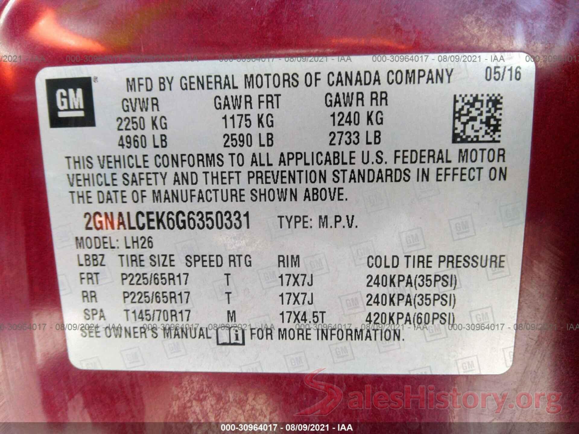 2GNALCEK6G6350331 2016 CHEVROLET EQUINOX