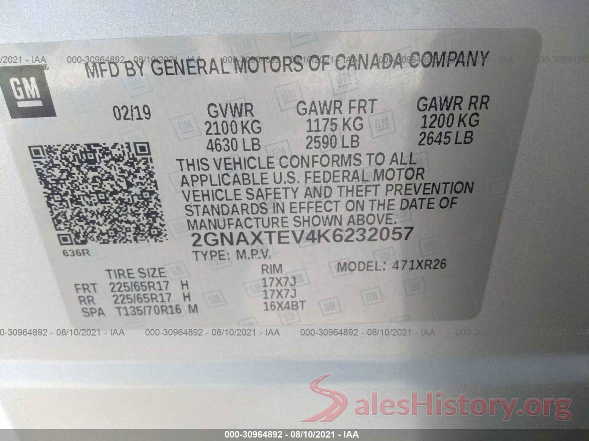 2GNAXTEV4K6232057 2019 CHEVROLET EQUINOX