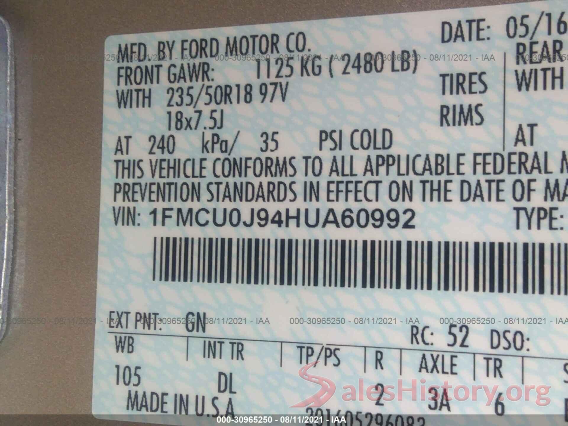 1FMCU0J94HUA60992 2017 FORD ESCAPE