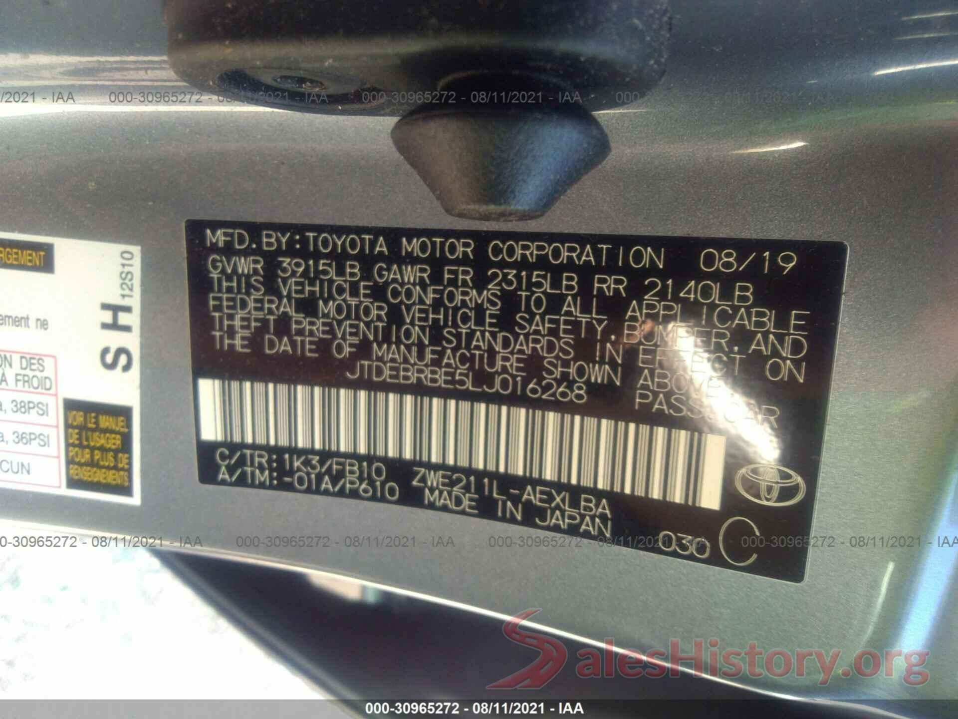 JTDEBRBE5LJ016268 2020 TOYOTA COROLLA