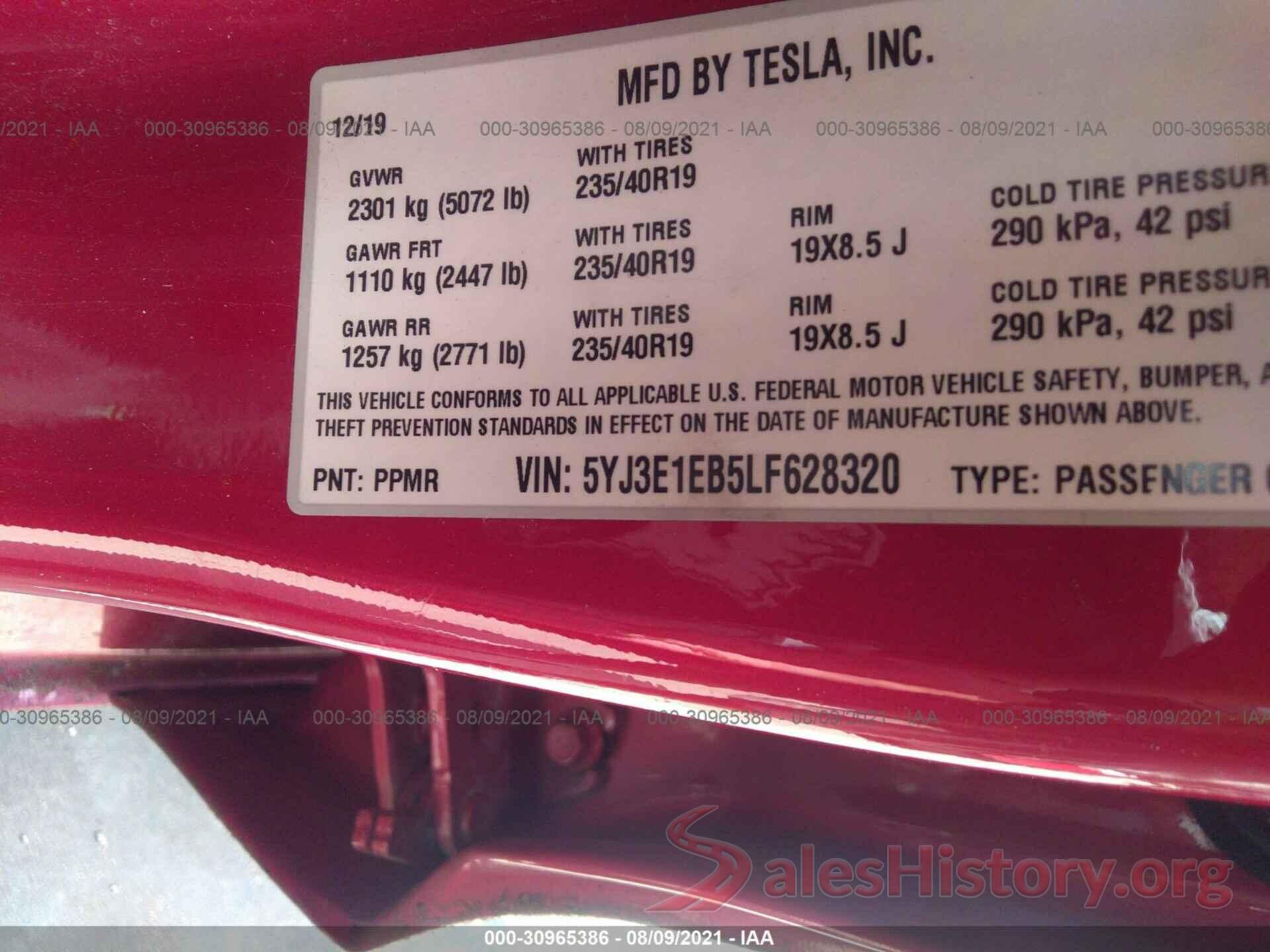 5YJ3E1EB5LF628320 2020 TESLA MODEL 3