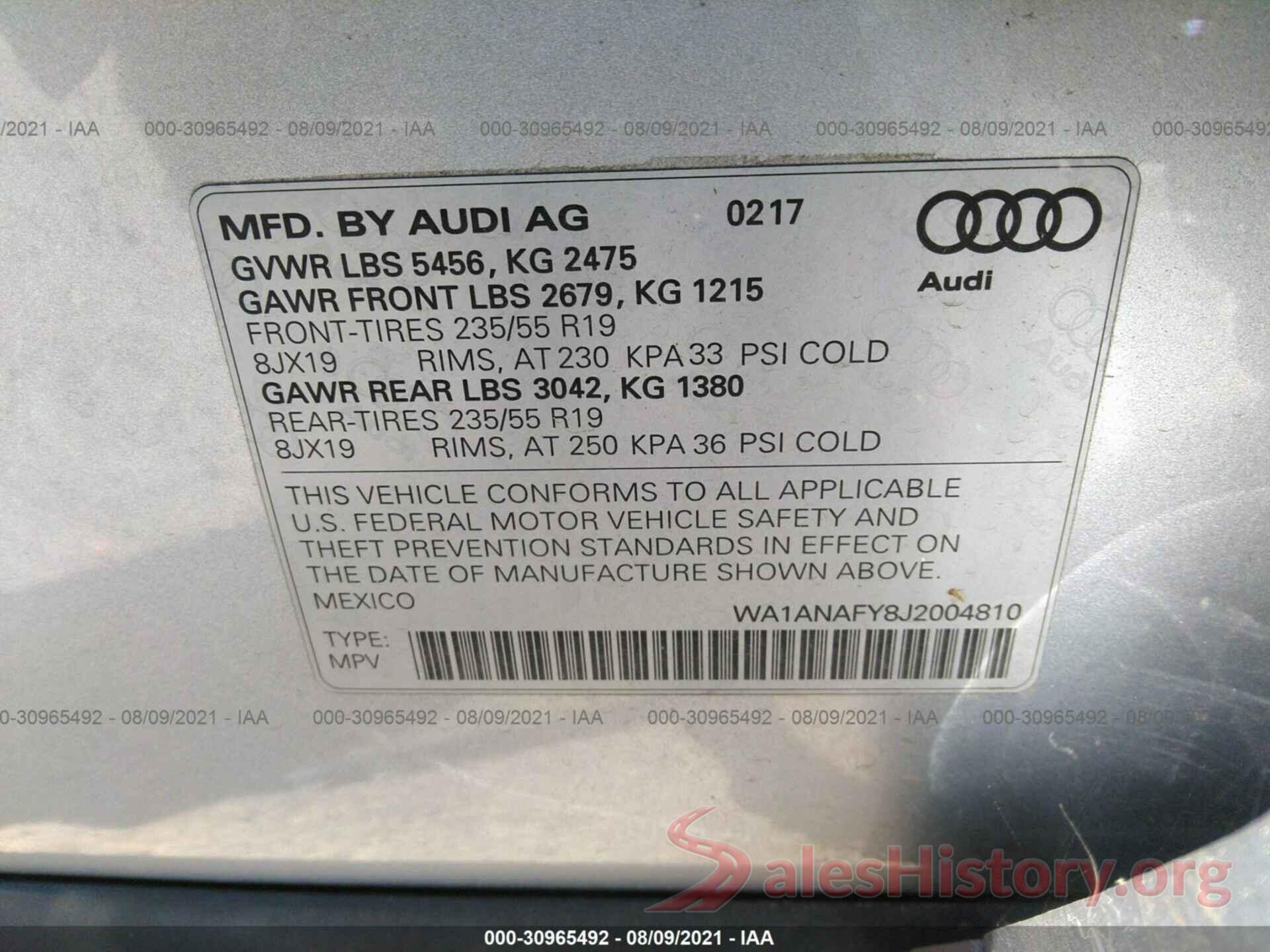 WA1ANAFY8J2004810 2018 AUDI Q5