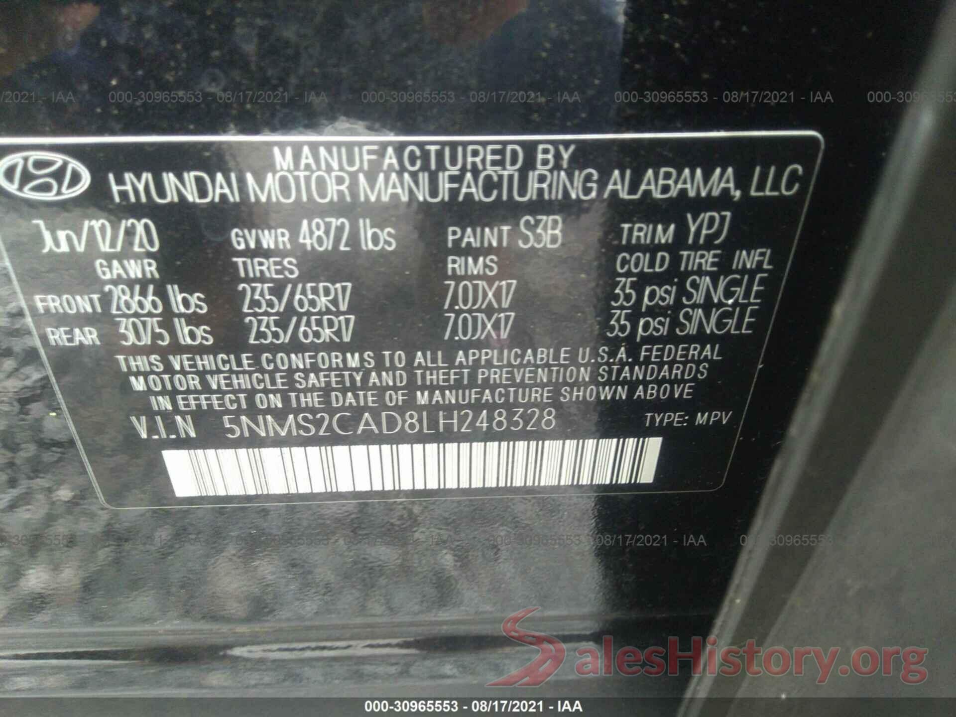 5NMS2CAD8LH248328 2020 HYUNDAI SANTA FE