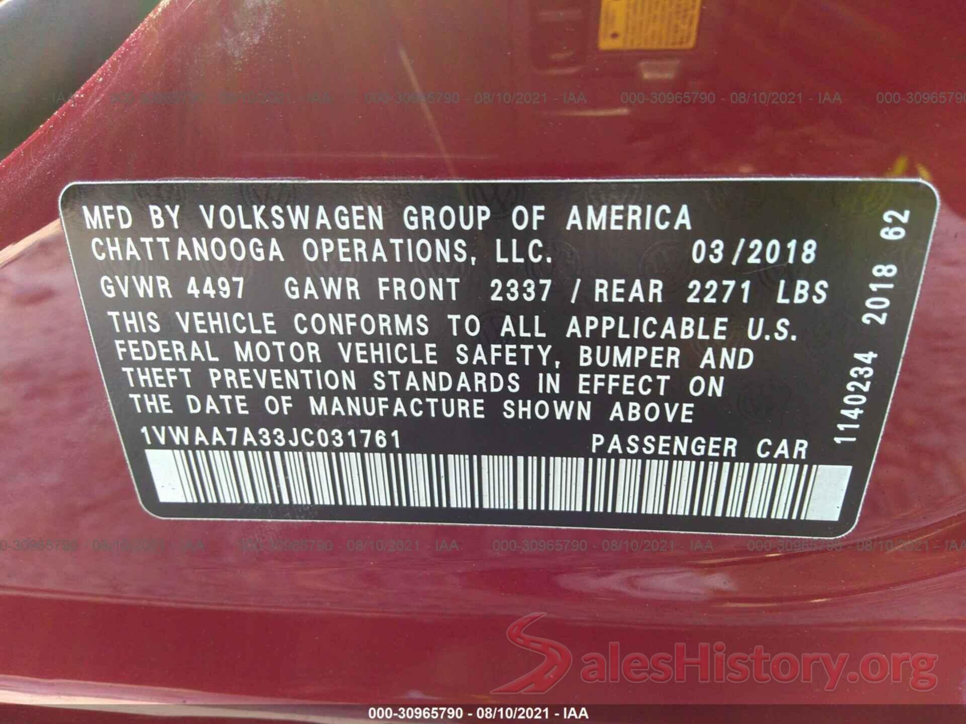 1VWAA7A33JC031761 2018 VOLKSWAGEN PASSAT