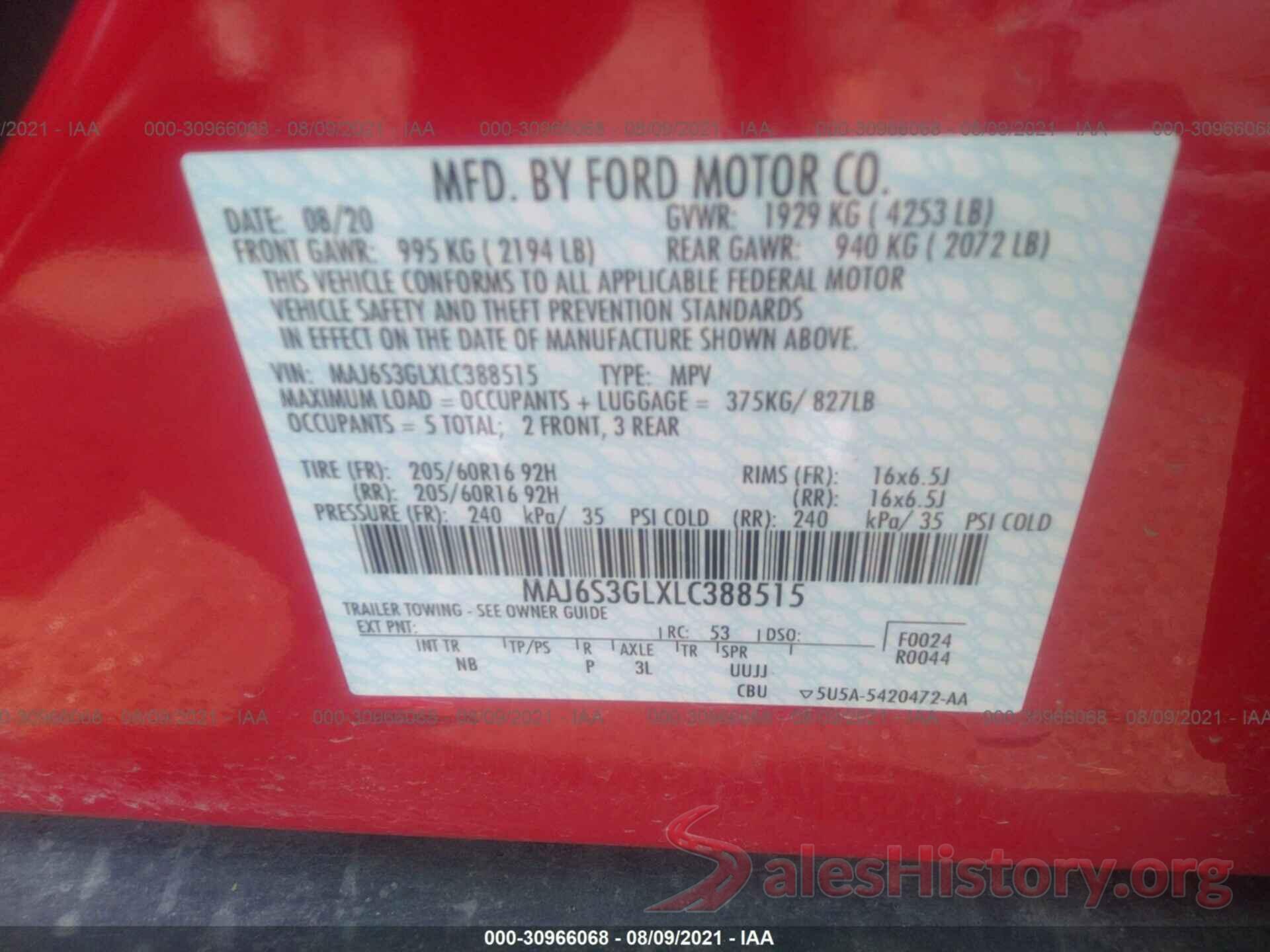 MAJ6S3GLXLC388515 2020 FORD ECOSPORT